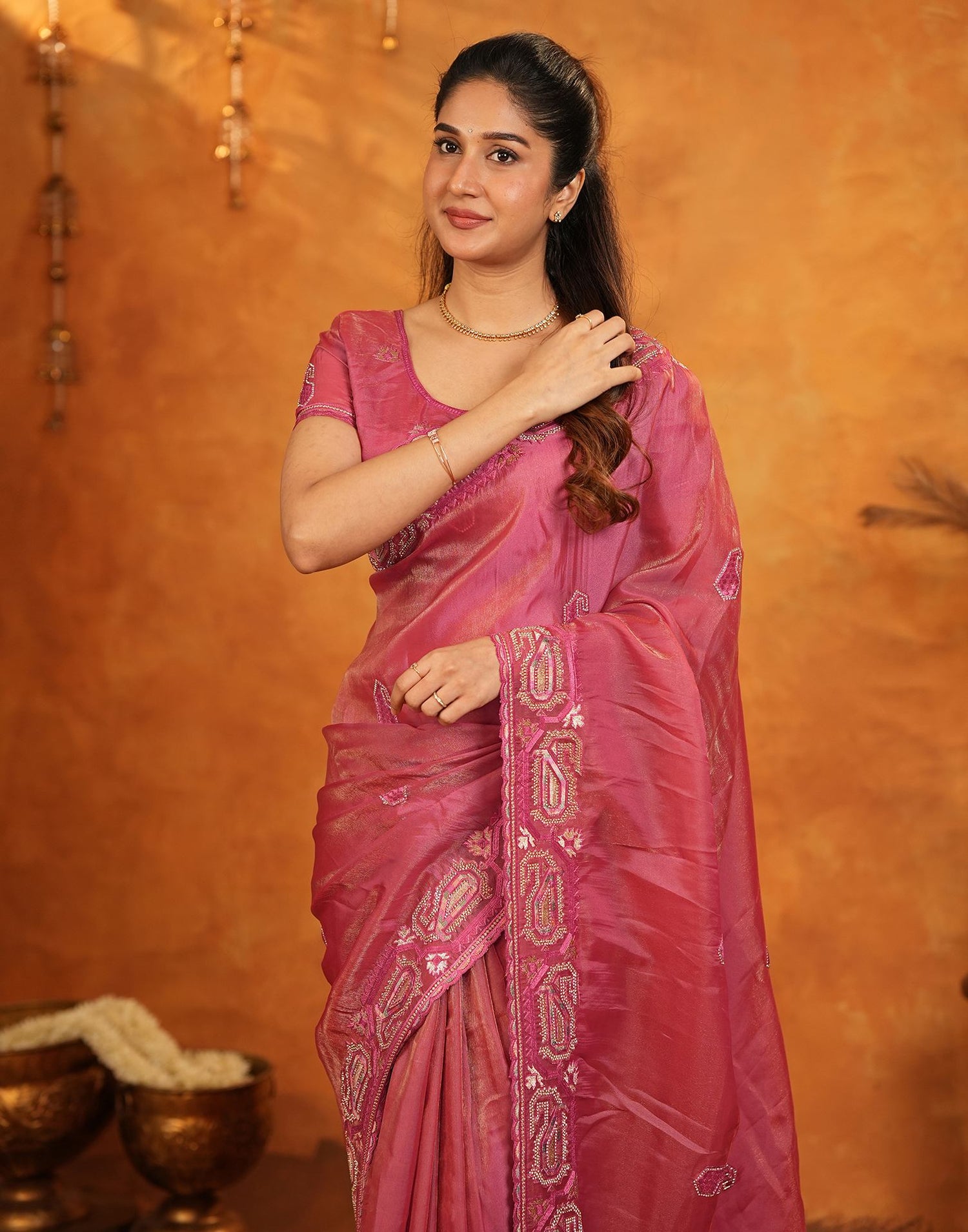 Coral Pink Shimmer Silk Stone Work Embroidery Saree