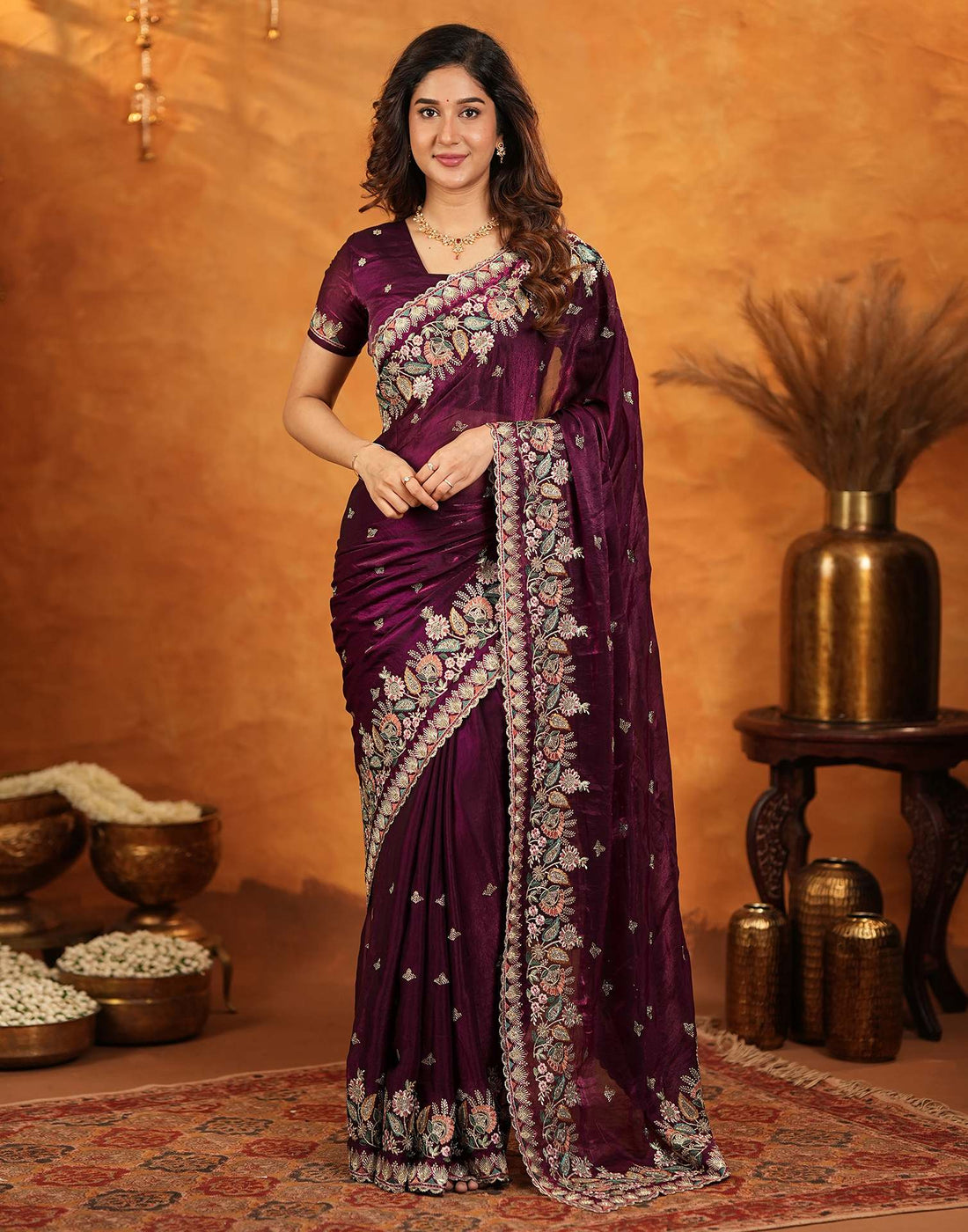 Wine Tissue Silk Stone Work Embroidery Saree