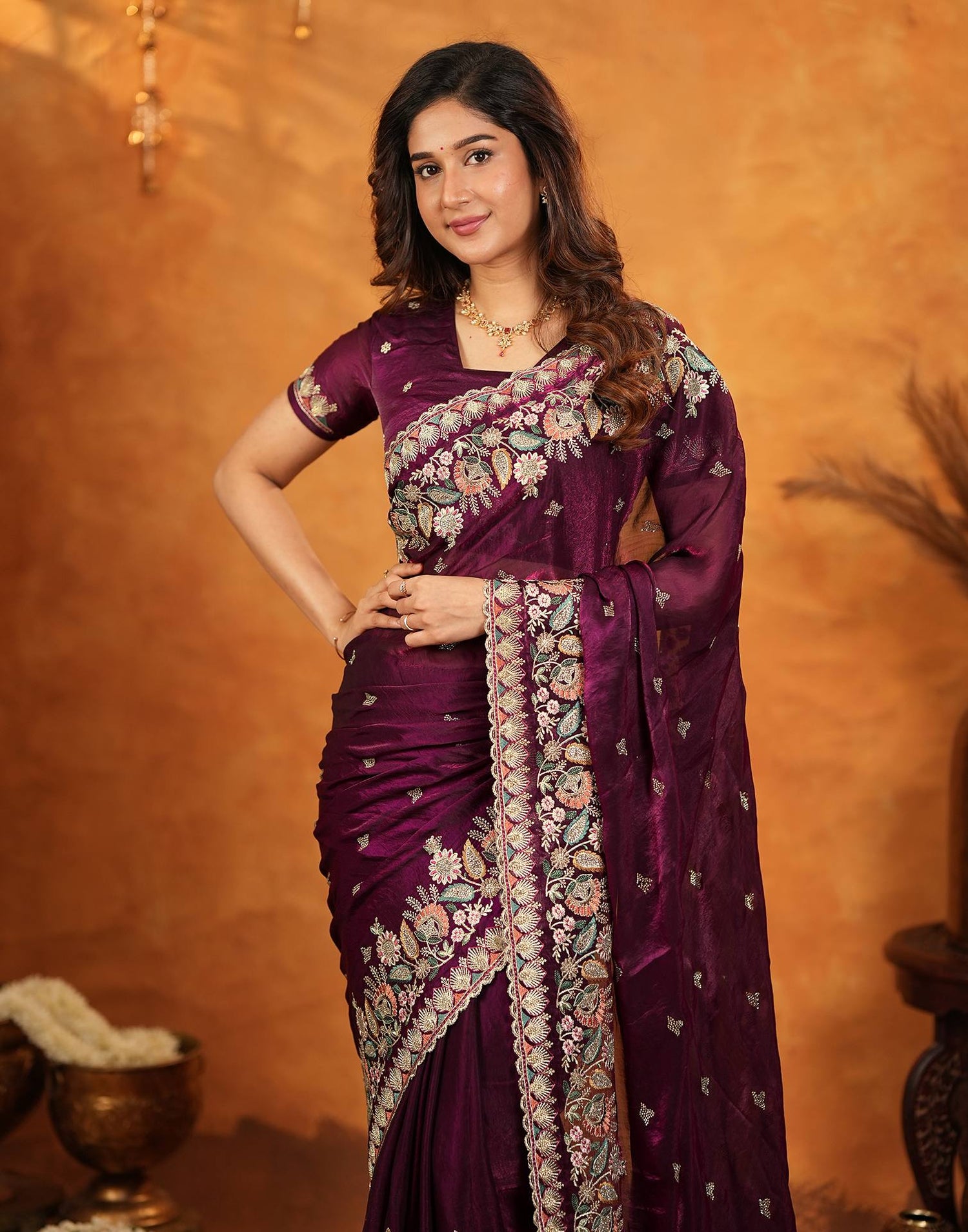 Wine Tissue Silk Stone Work Embroidery Saree