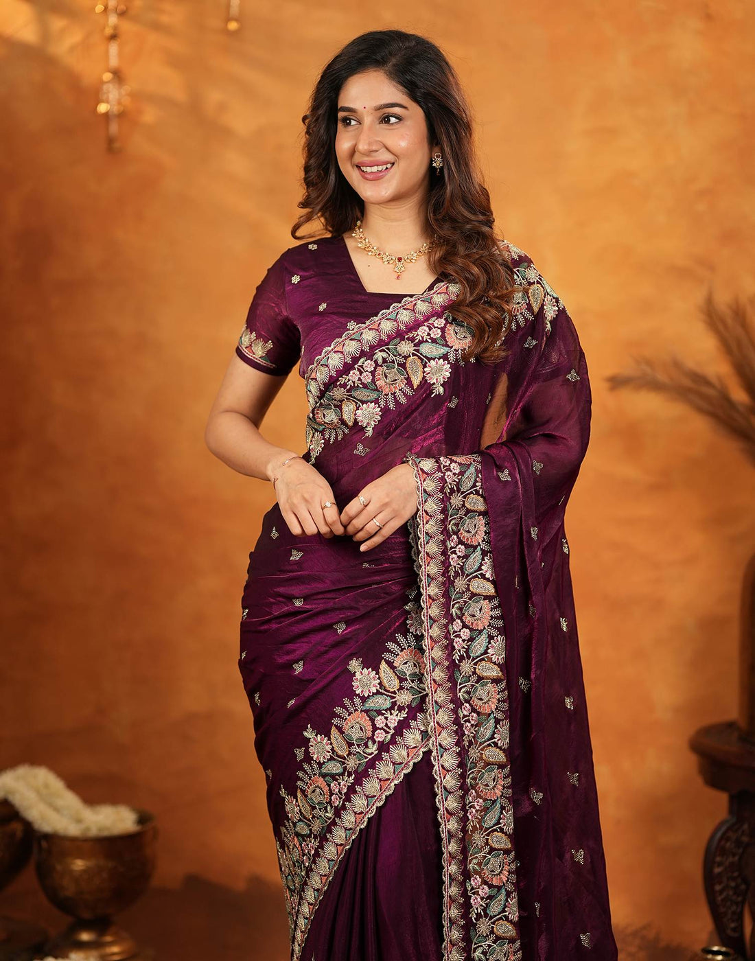 Wine Tissue Silk Stone Work Embroidery Saree