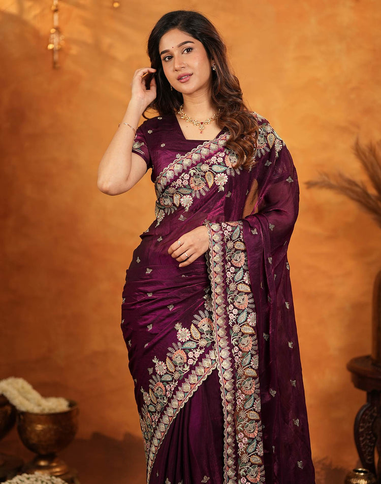 Wine Tissue Silk Stone Work Embroidery Saree