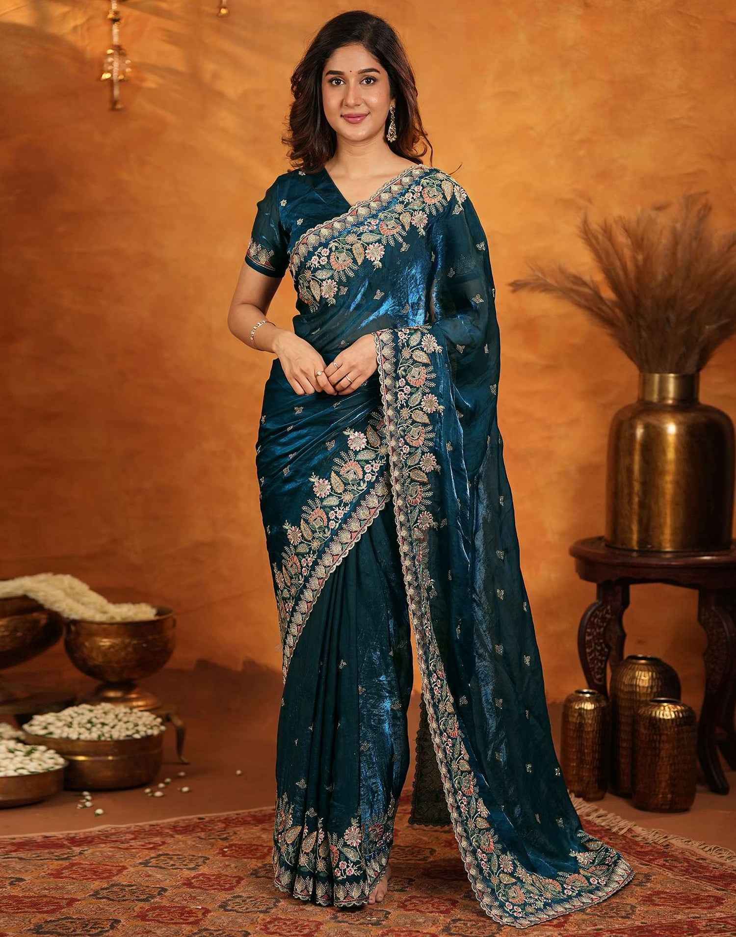 Peacock Blue Tissue Silk Stone Work Embroidery Saree