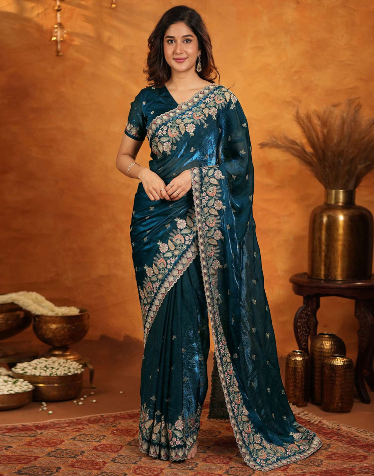 Peacock Blue Tissue Silk Stone Work Embroidery Saree