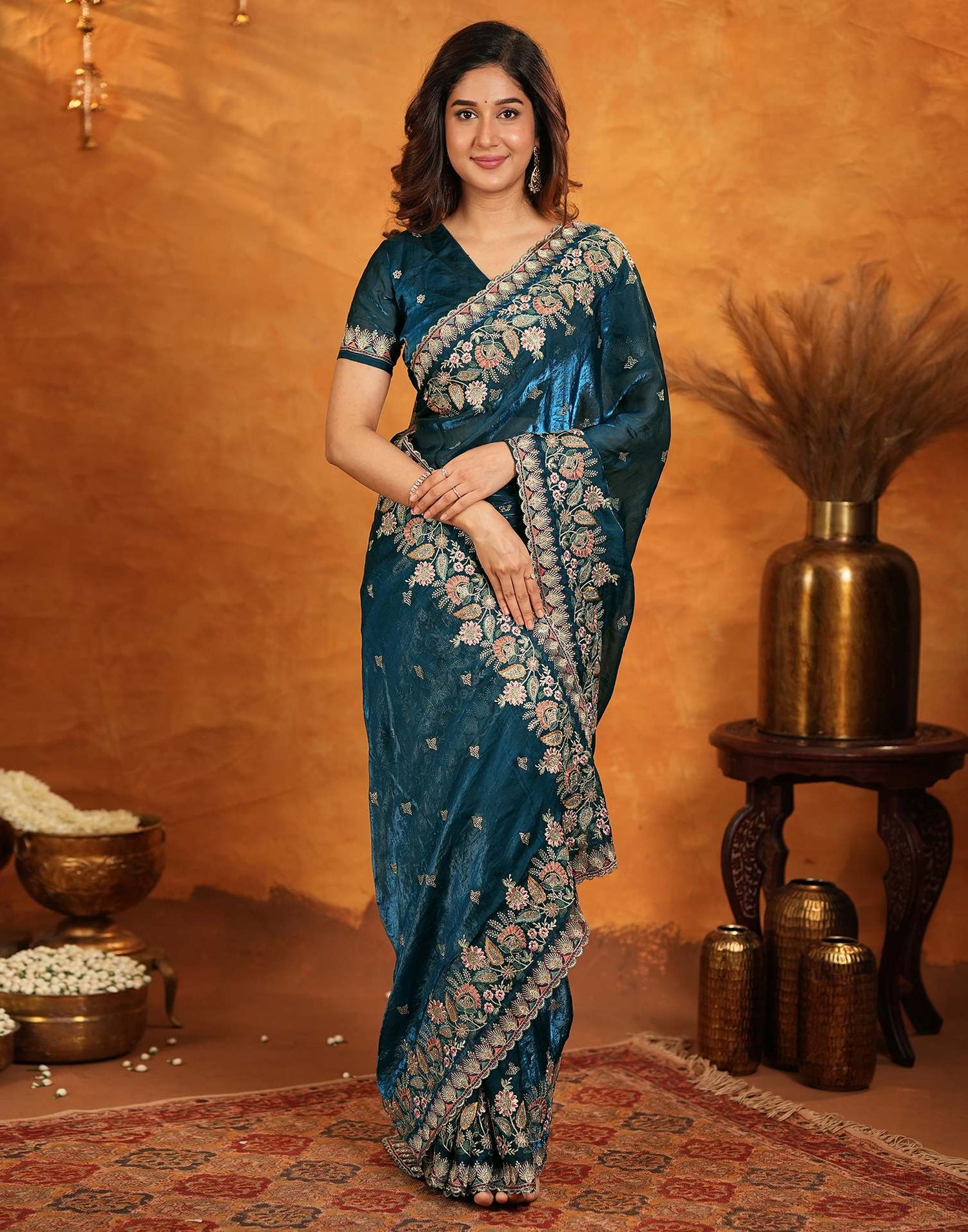 Peacock Blue Tissue Silk Stone Work Embroidery Saree