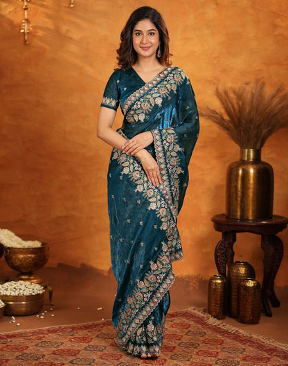 Peacock Blue Tissue Silk Stone Work Embroidery Saree
