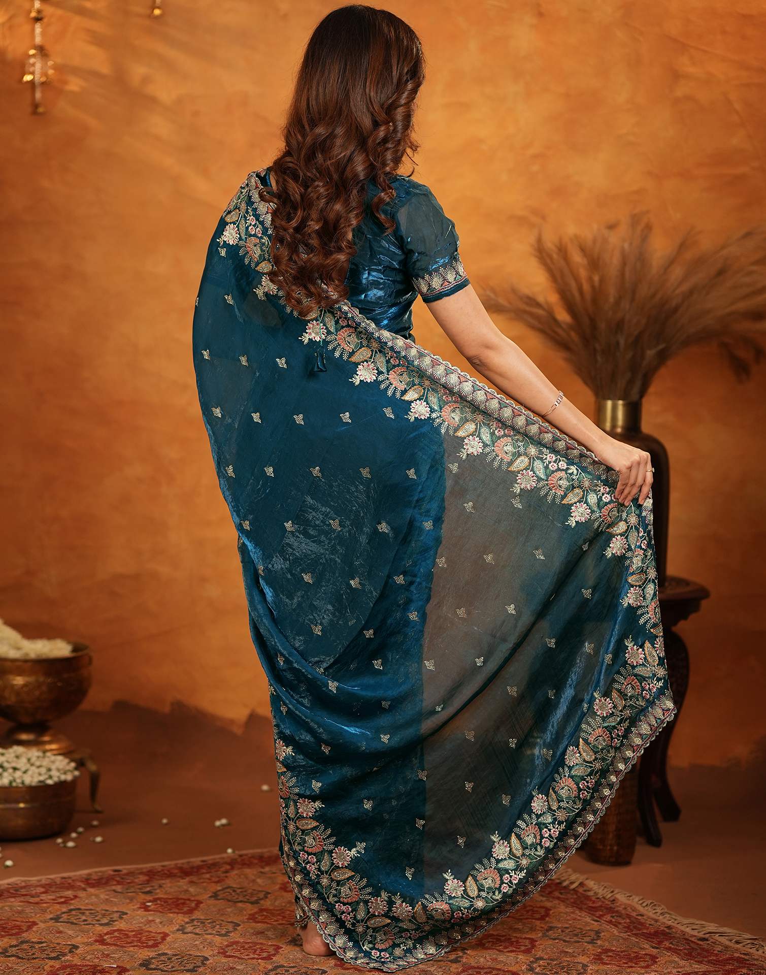 Peacock Blue Tissue Silk Stone Work Embroidery Saree