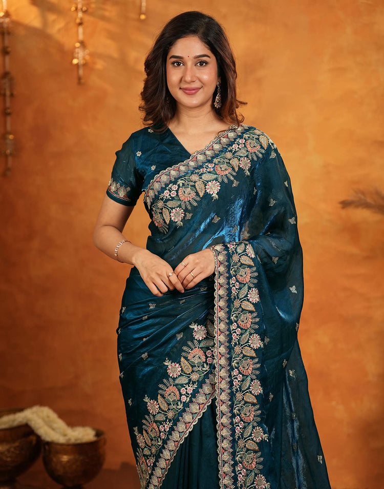 Peacock Blue Tissue Silk Stone Work Embroidery Saree