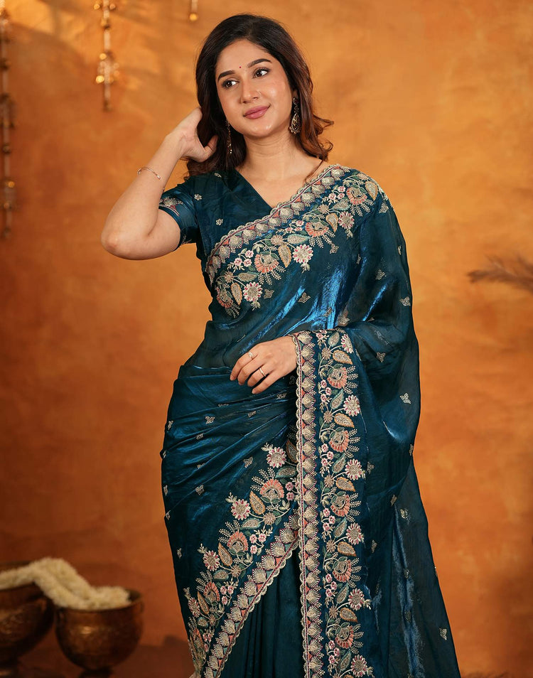 Peacock Blue Tissue Silk Stone Work Embroidery Saree