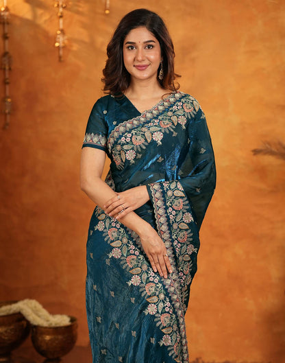 Peacock Blue Tissue Silk Stone Work Embroidery Saree