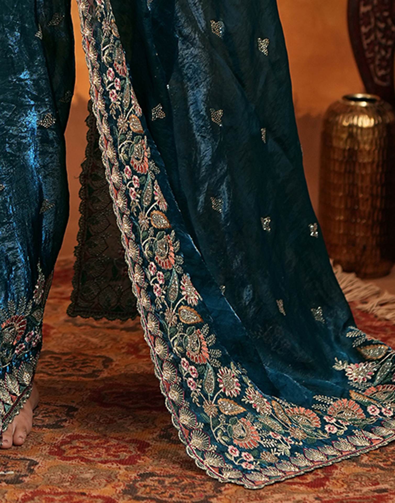 Peacock Blue Tissue Silk Stone Work Embroidery Saree