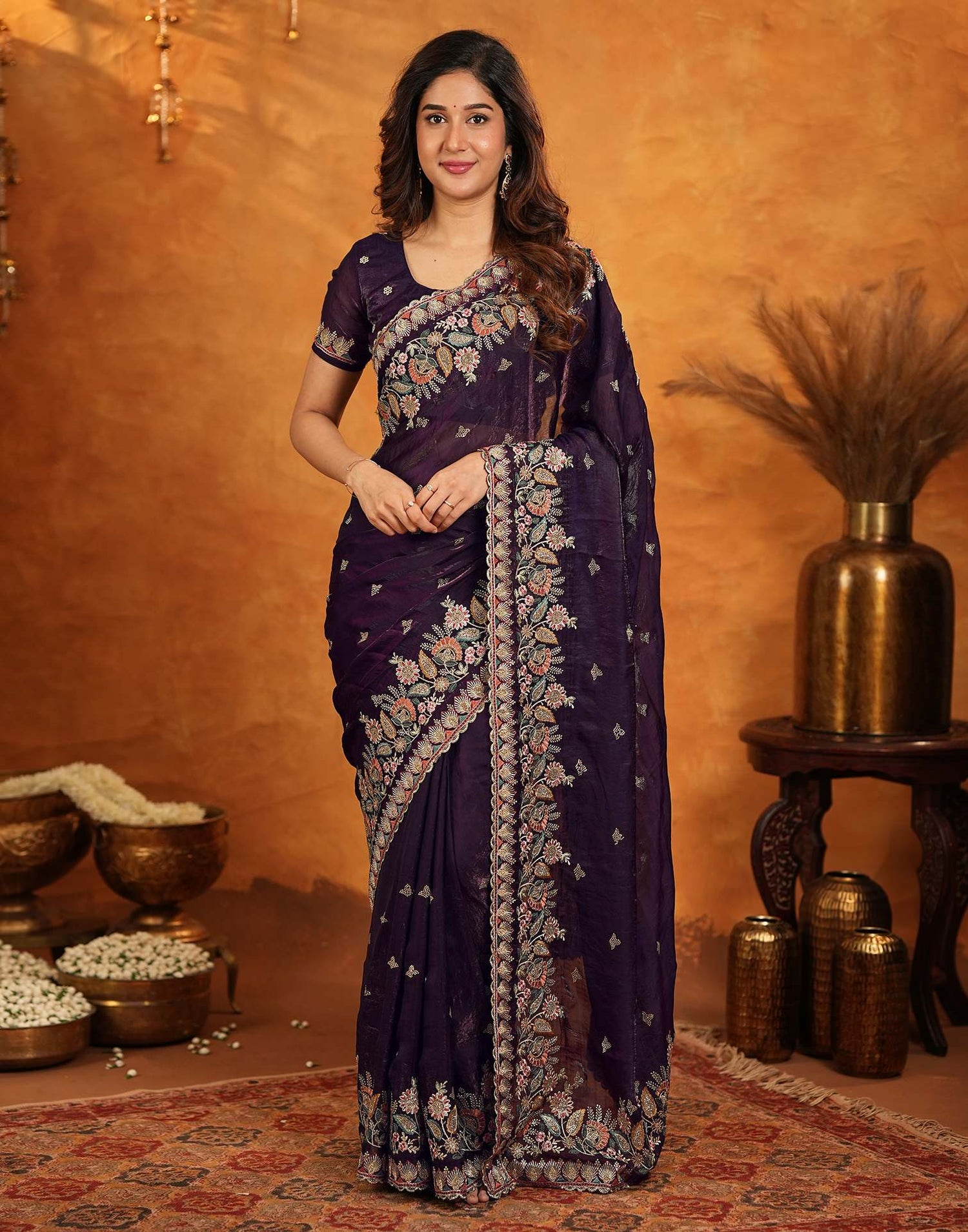 Purple Tissue Silk Stone Work Embroidery Saree