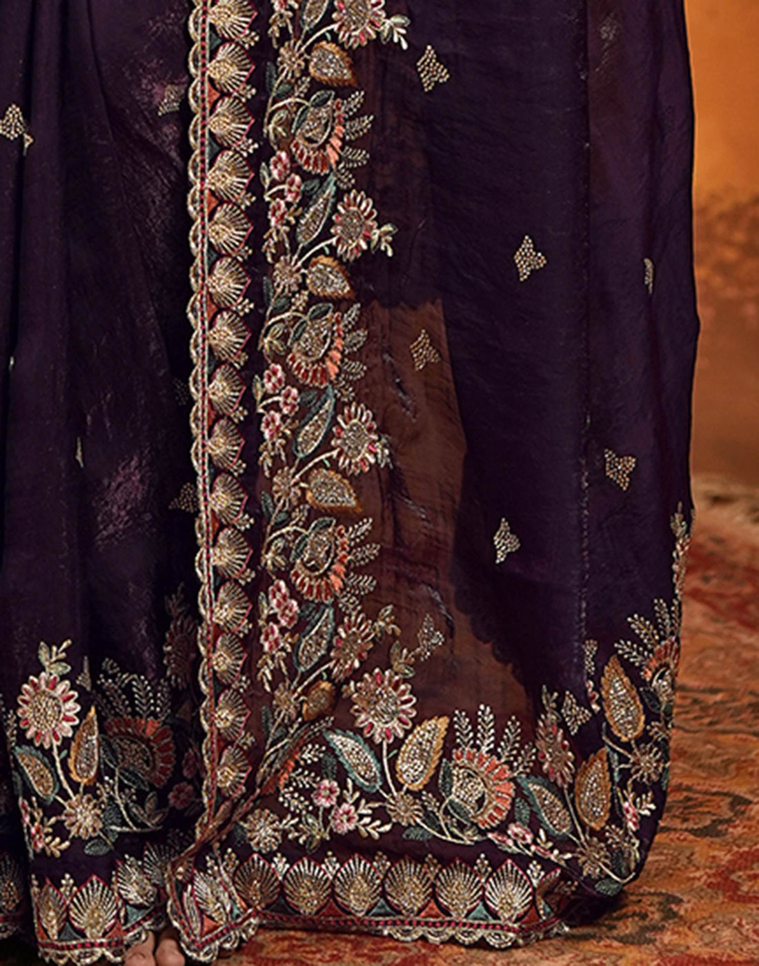 Purple Tissue Silk Stone Work Embroidery Saree