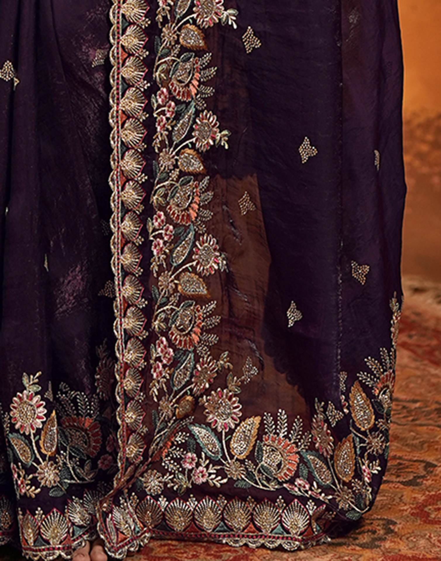 Purple Tissue Silk Stone Work Embroidery Saree