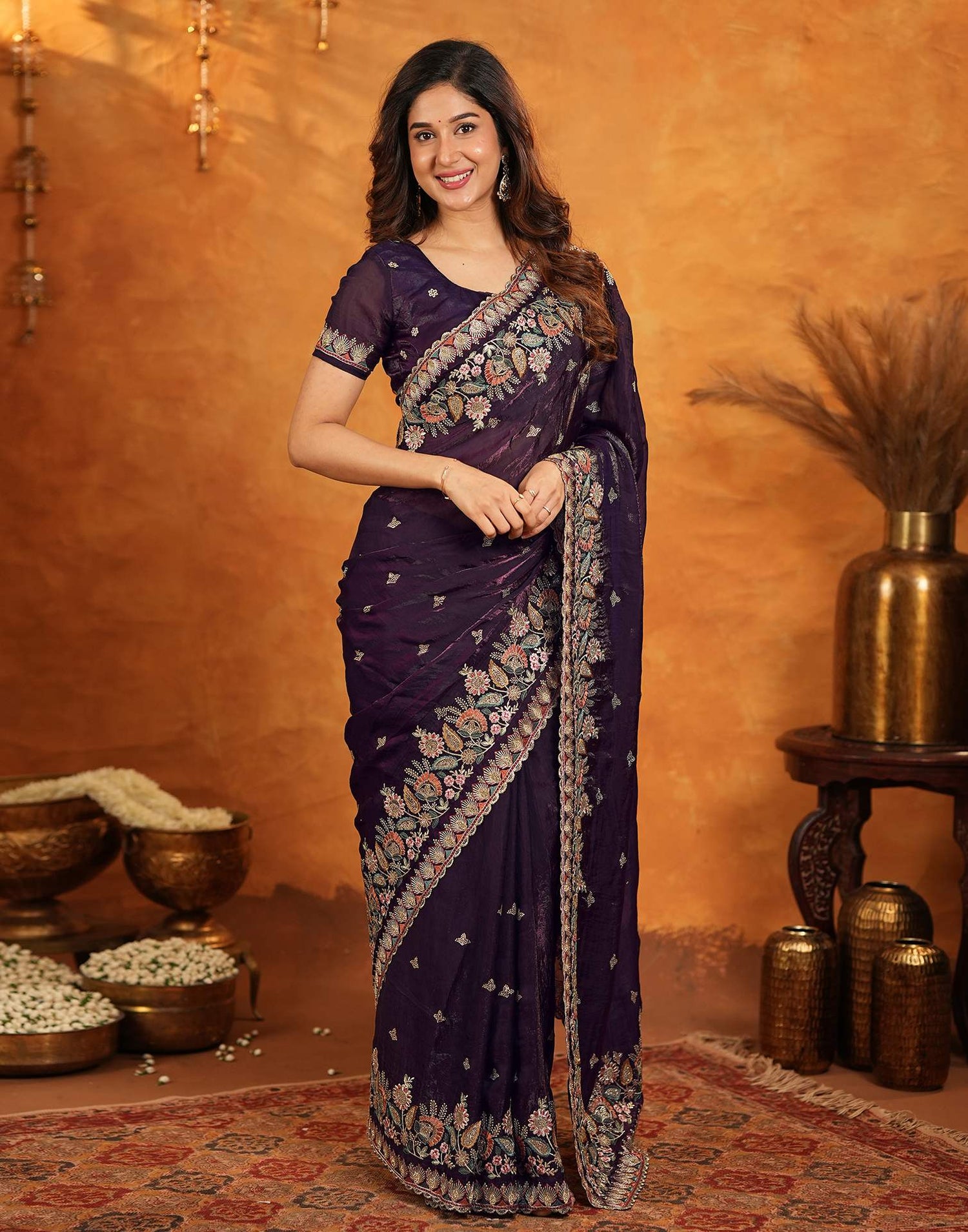 Purple Tissue Silk Stone Work Embroidery Saree