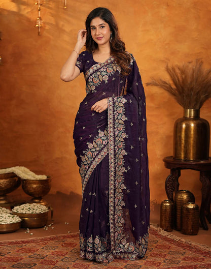 Purple Tissue Silk Stone Work Embroidery Saree