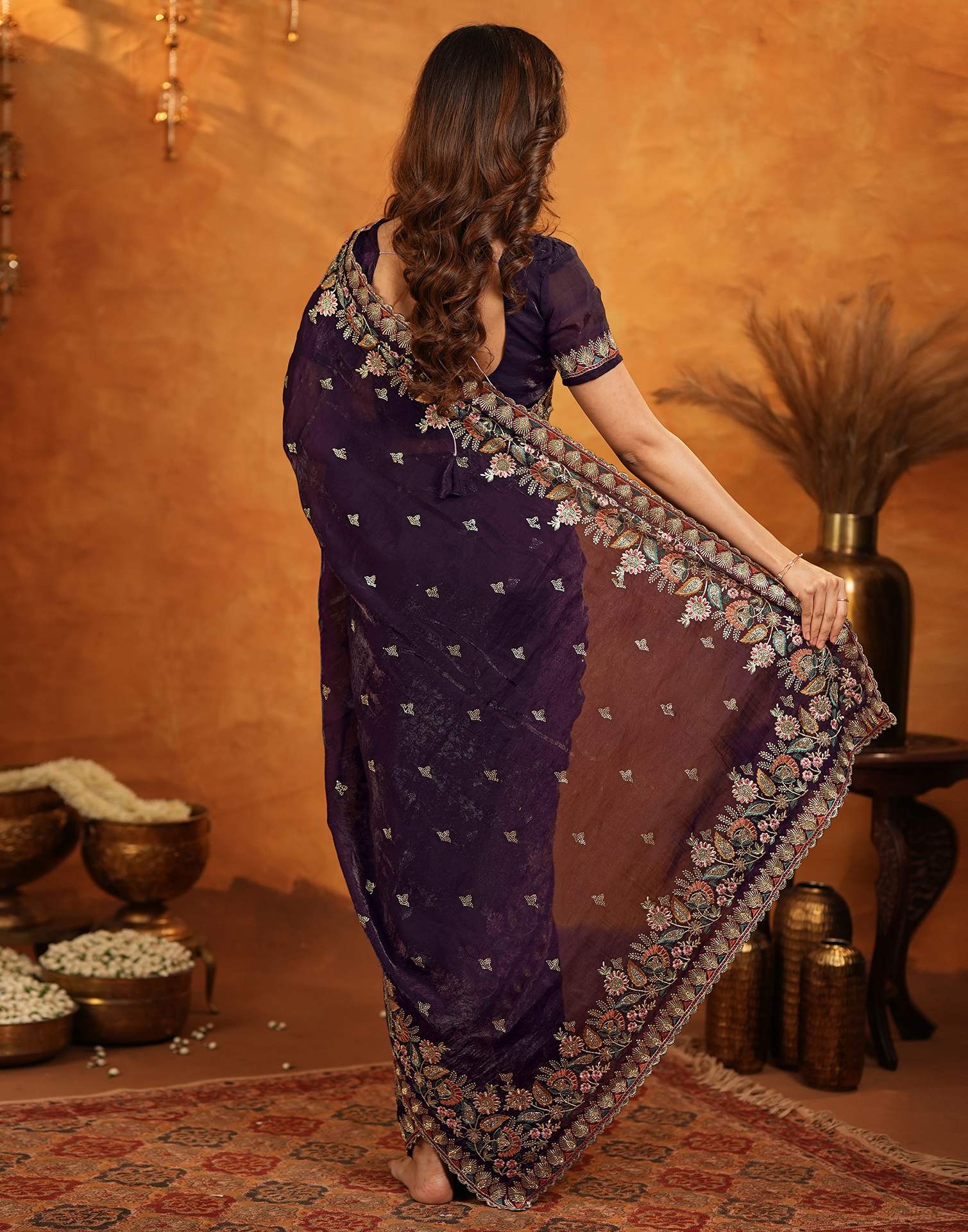 Purple Tissue Silk Stone Work Embroidery Saree
