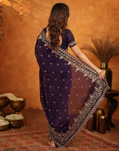 Purple Tissue Silk Stone Work Embroidery Saree