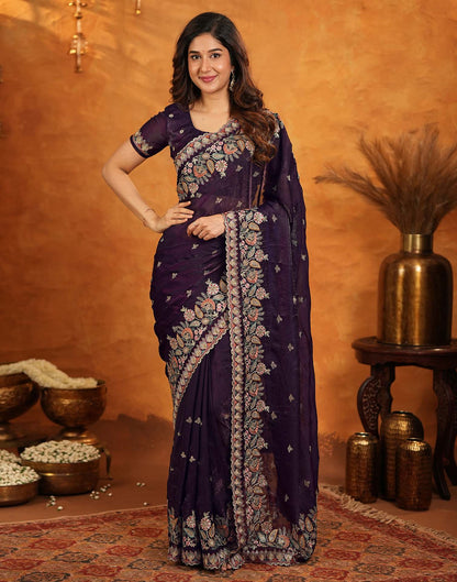 Purple Tissue Silk Stone Work Embroidery Saree
