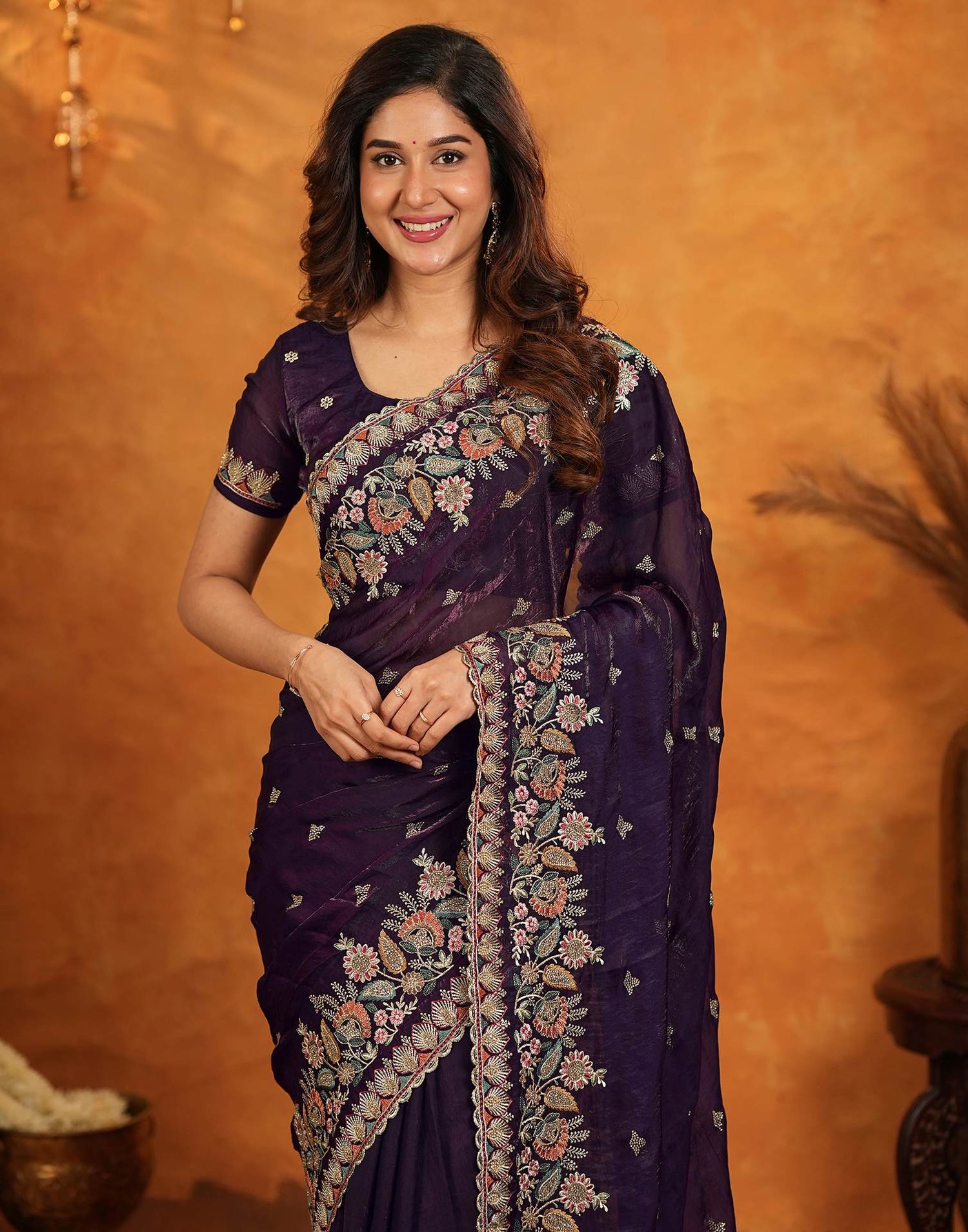 Purple Tissue Silk Stone Work Embroidery Saree