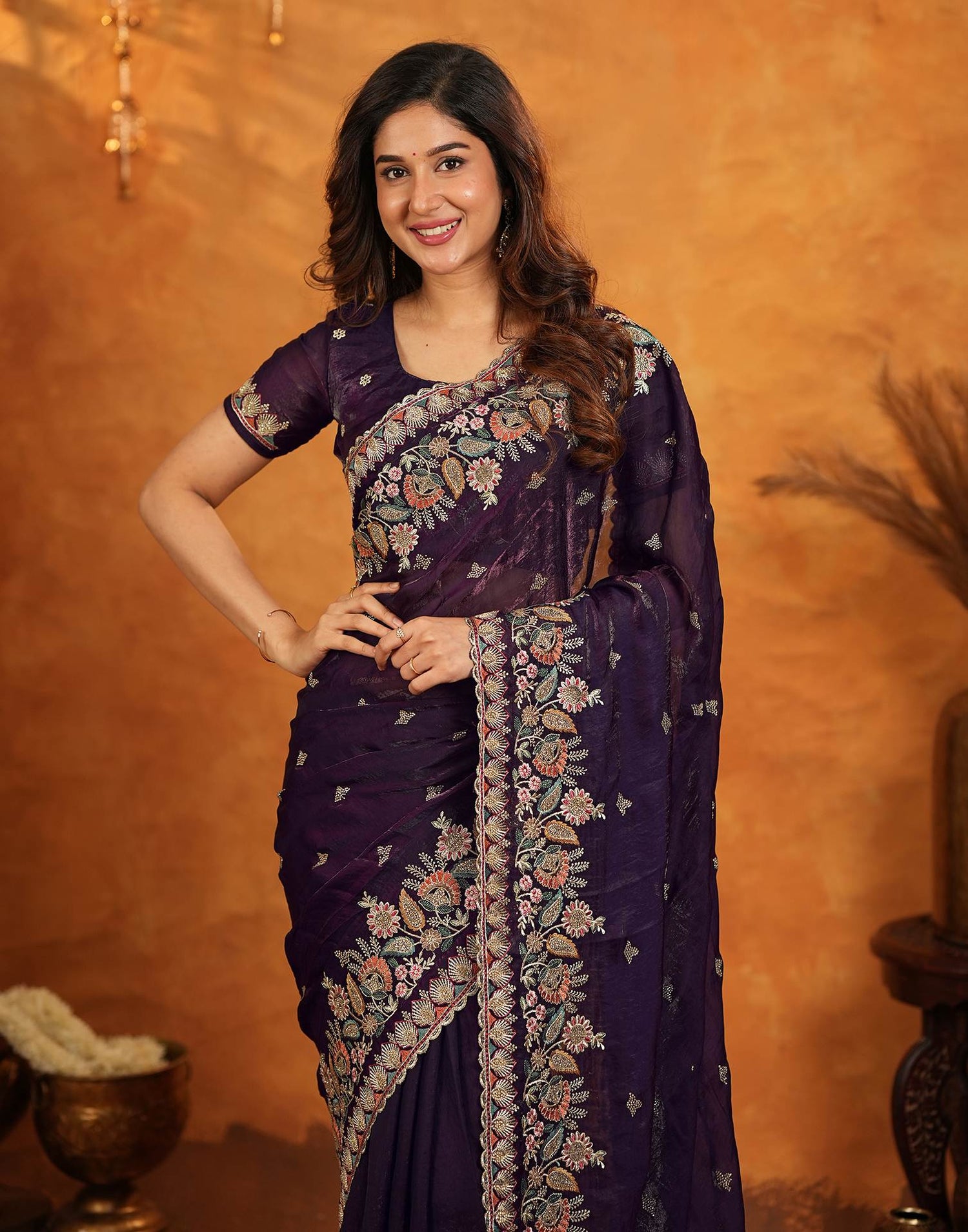 Purple Tissue Silk Stone Work Embroidery Saree