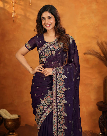 Purple Tissue Silk Stone Work Embroidery Saree