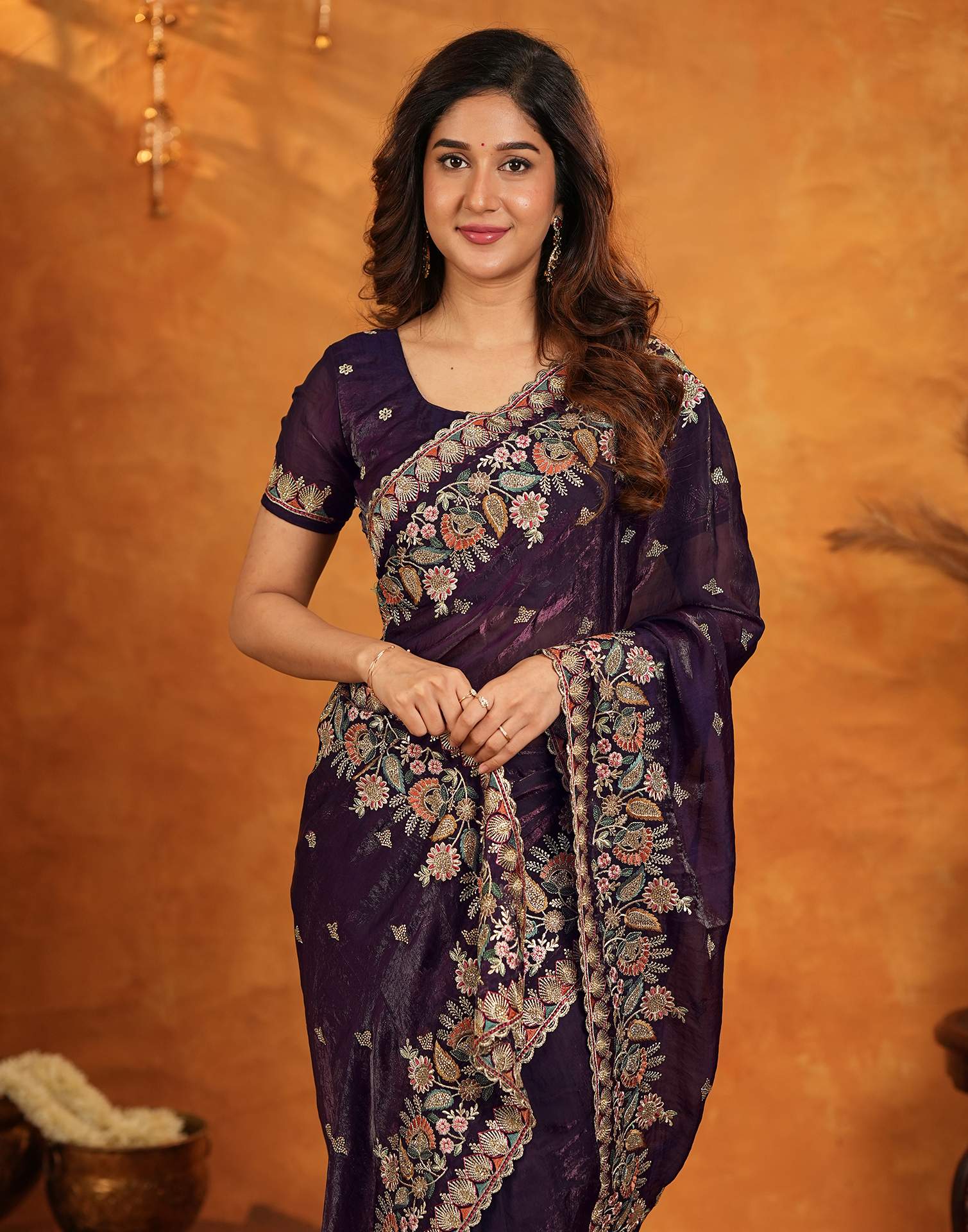 Purple Tissue Silk Stone Work Embroidery Saree