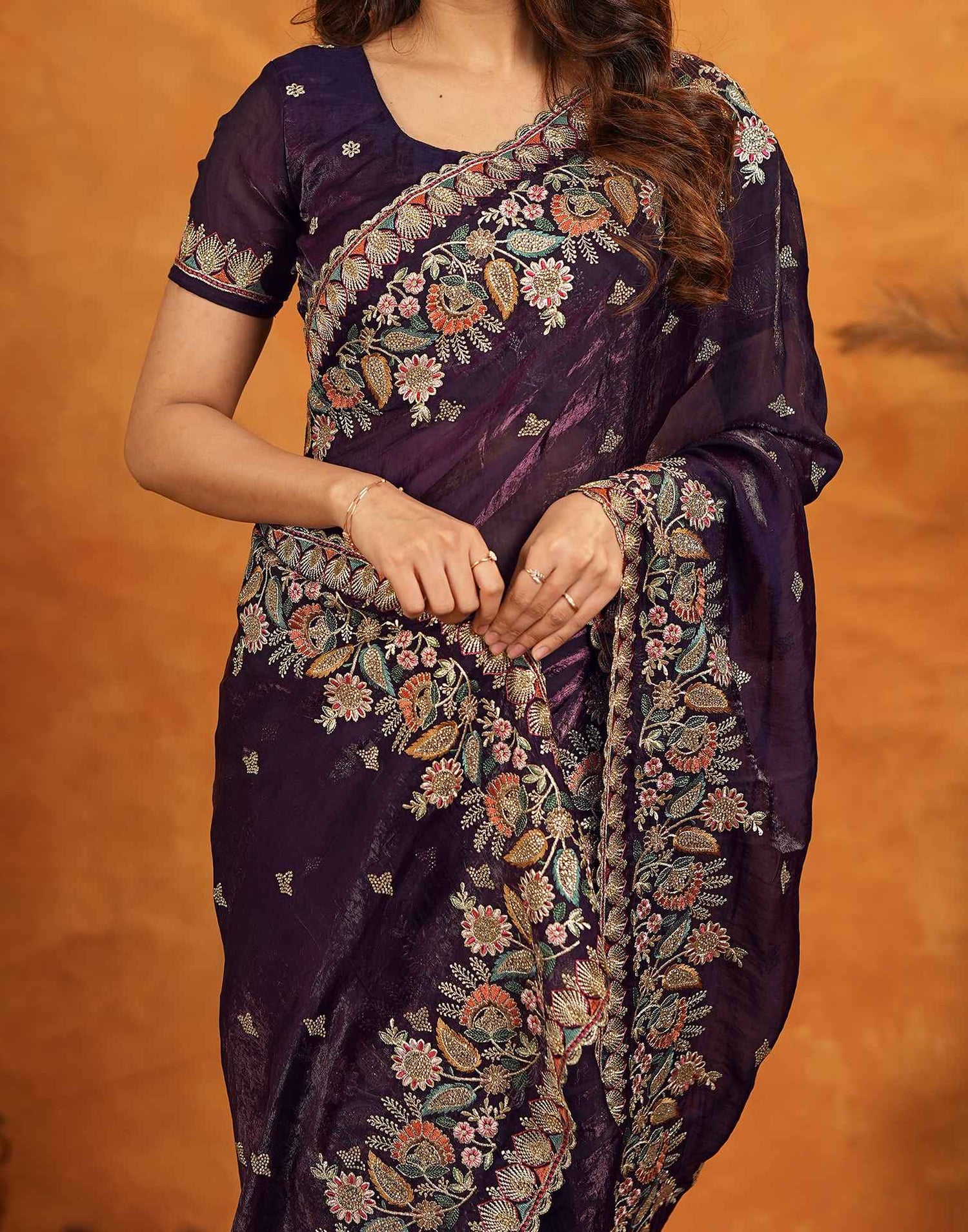 Purple Tissue Silk Stone Work Embroidery Saree