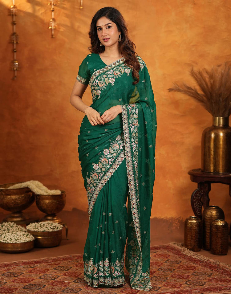Green Tissue Silk Stone Work Embroidery Saree