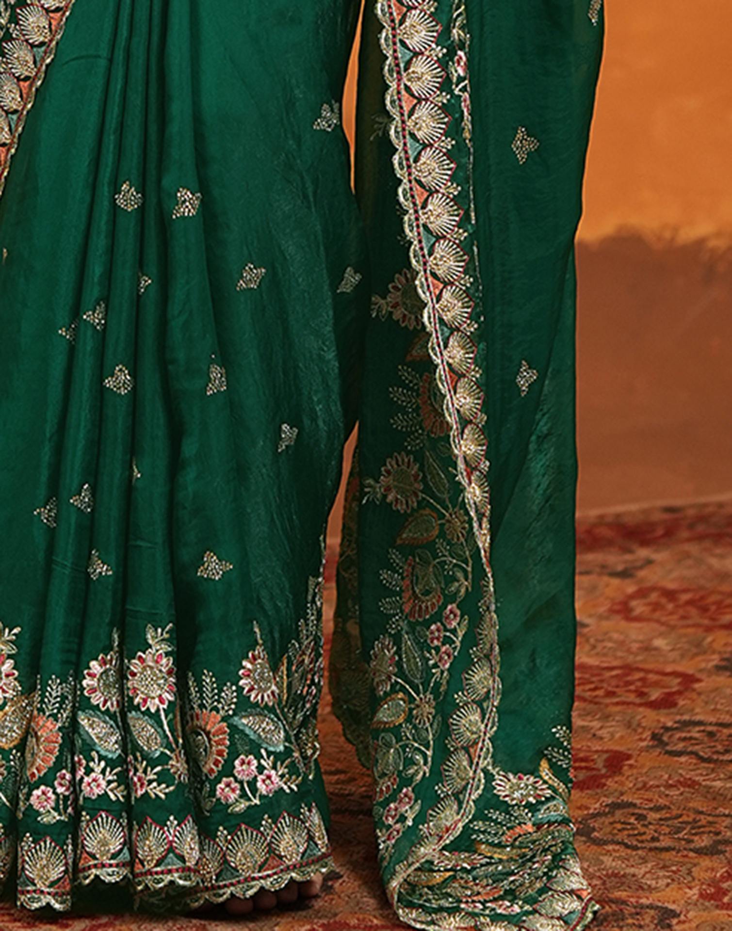 Green Tissue Silk Stone Work Embroidery Saree