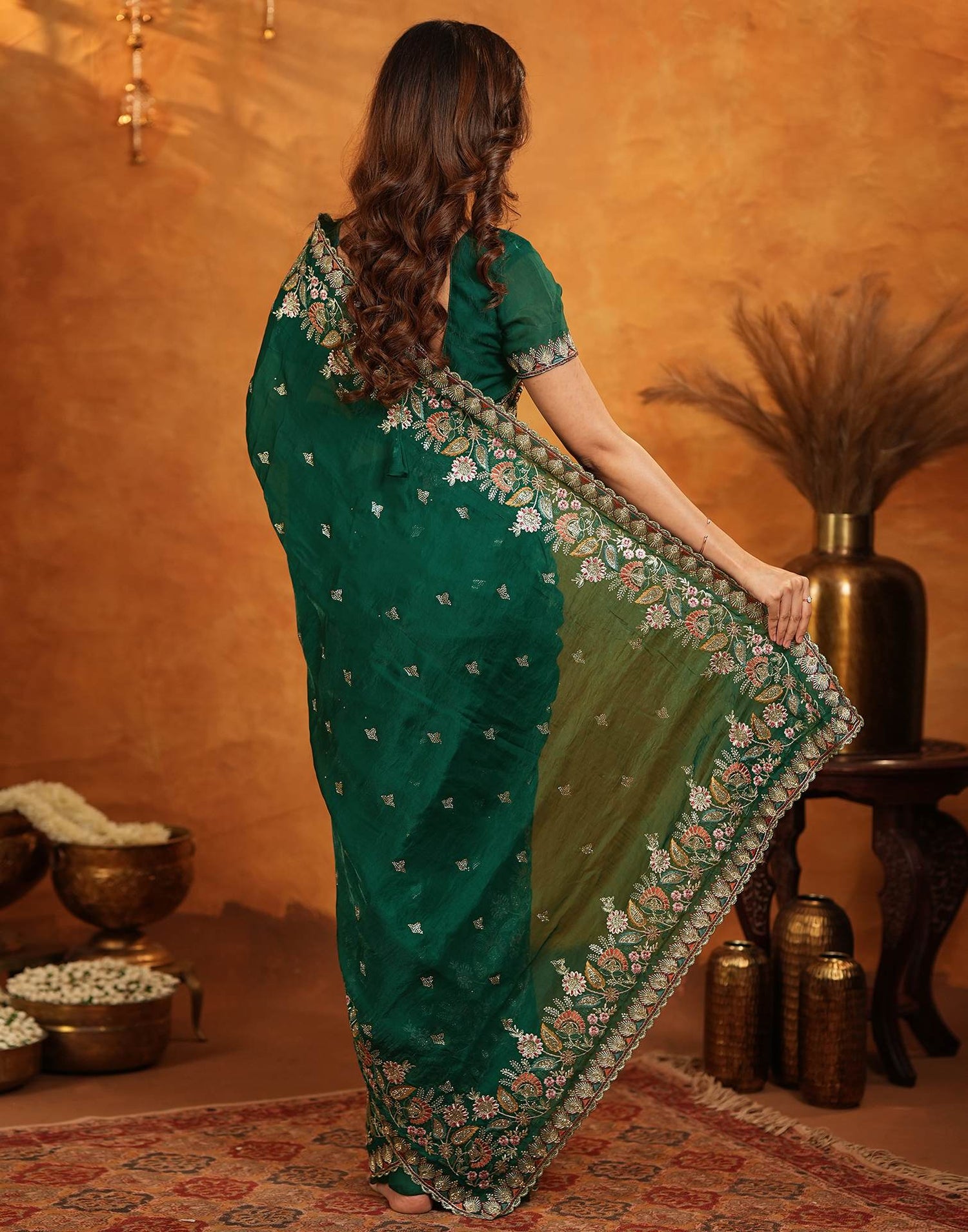 Green Tissue Silk Stone Work Embroidery Saree