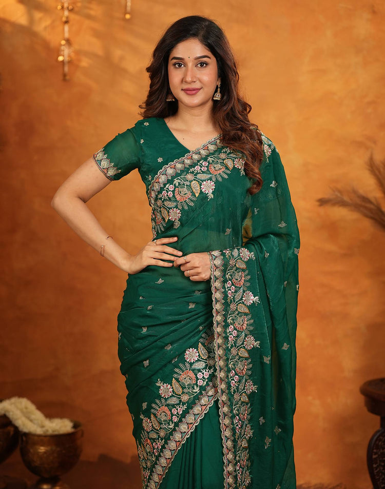 Green Tissue Silk Stone Work Embroidery Saree