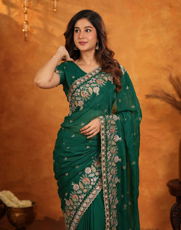 Green Tissue Silk Stone Work Embroidery Saree