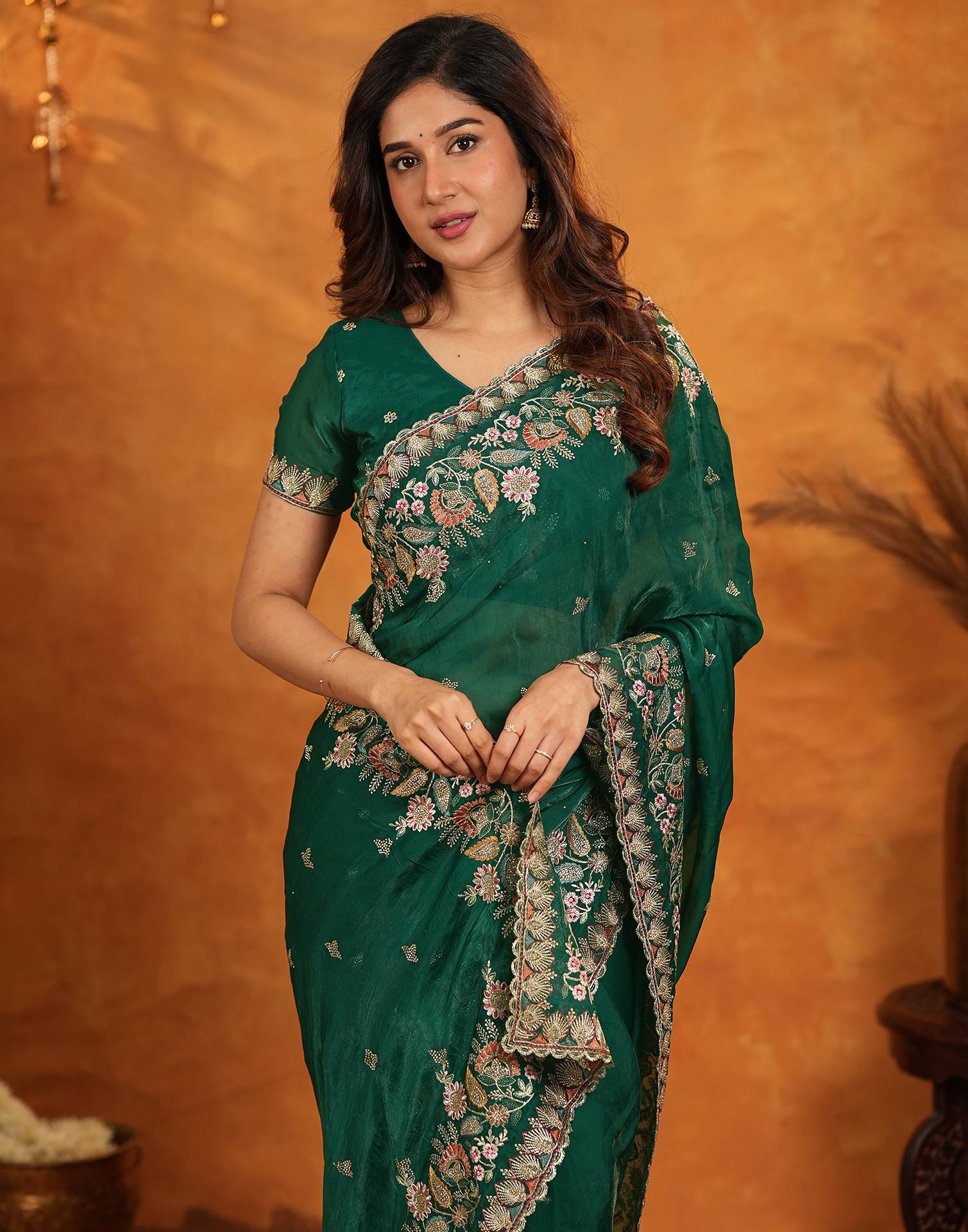 Green Tissue Silk Stone Work Embroidery Saree