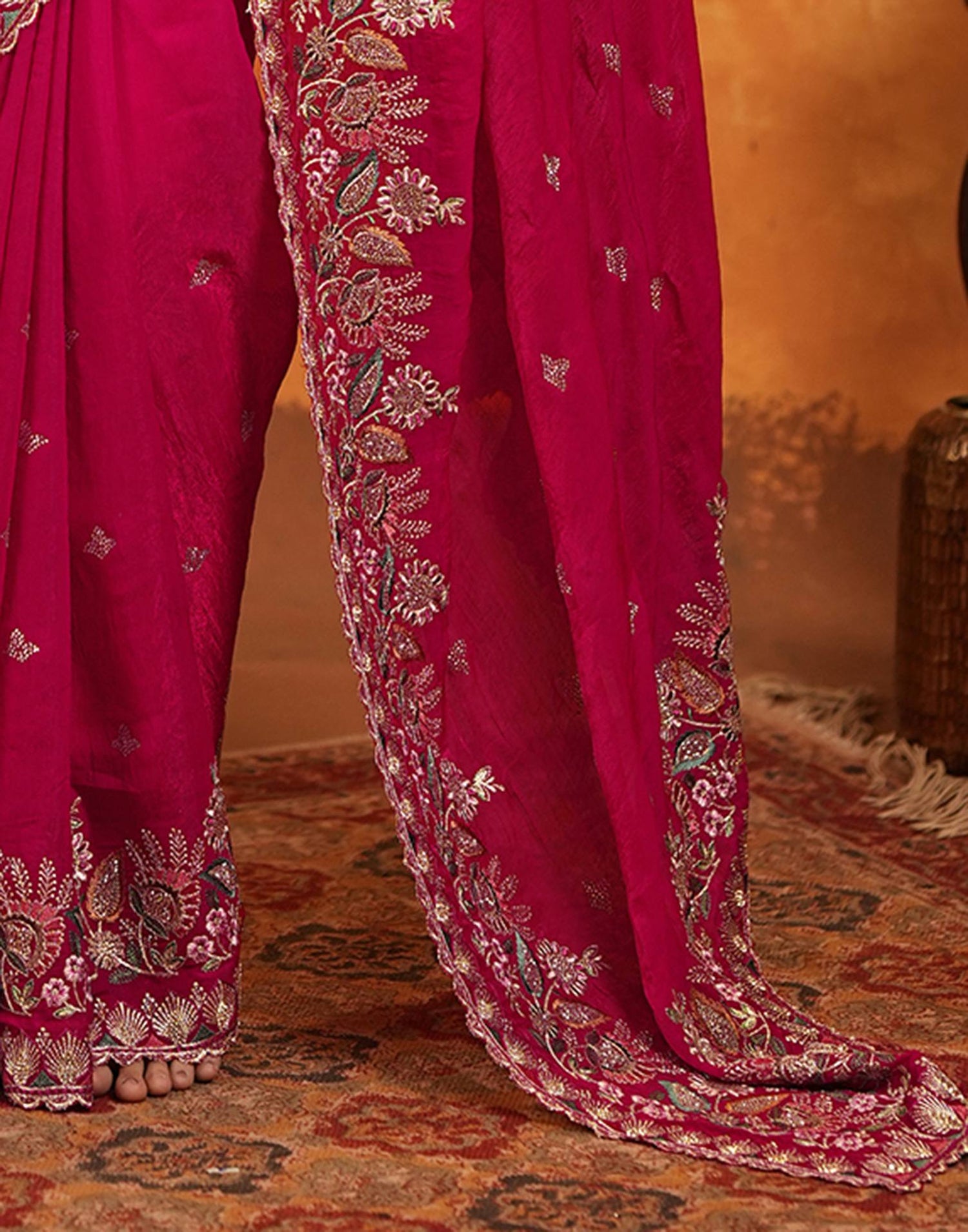 Red Tissue Silk Stone Work Embroidery Saree