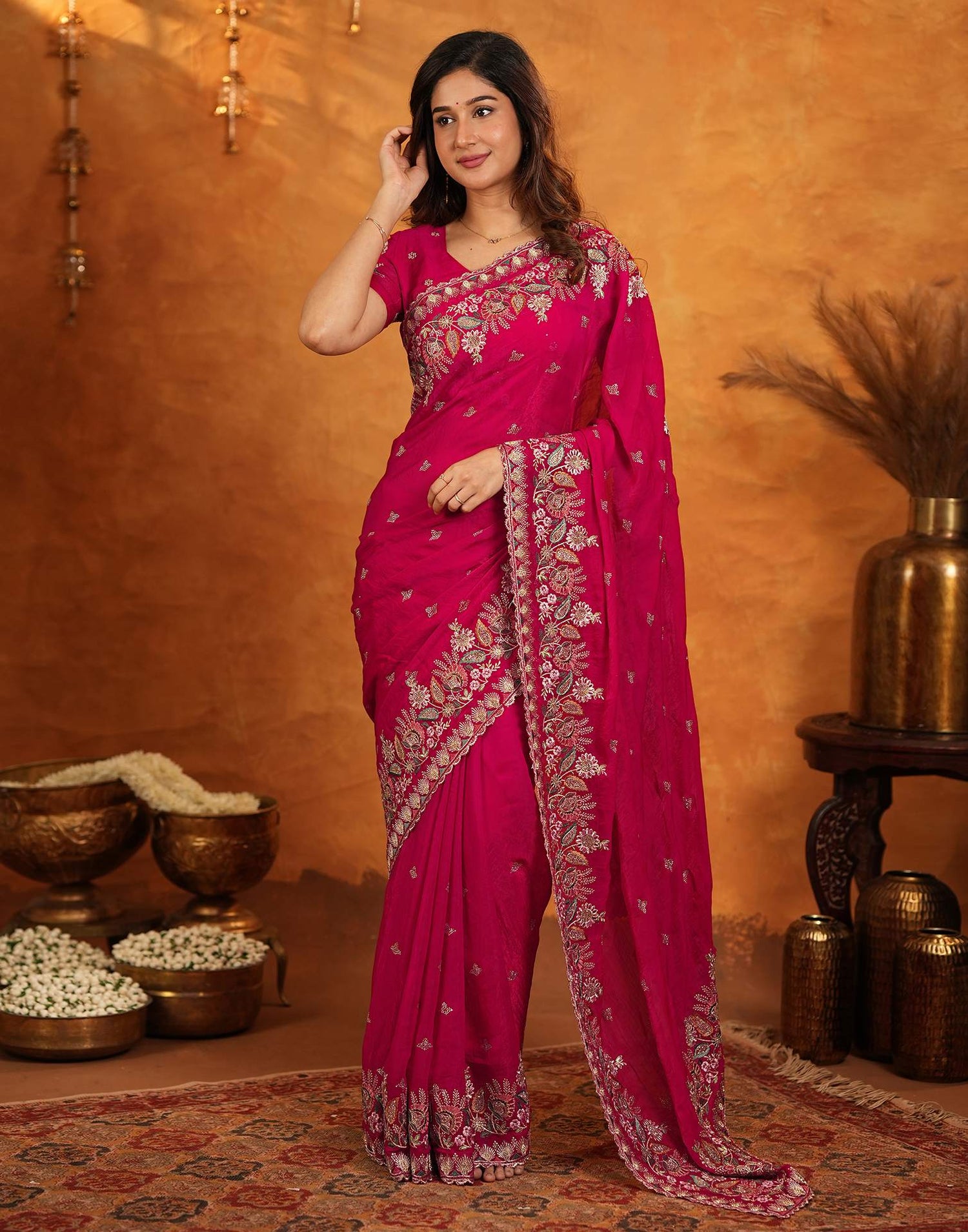 Red Tissue Silk Stone Work Embroidery Saree
