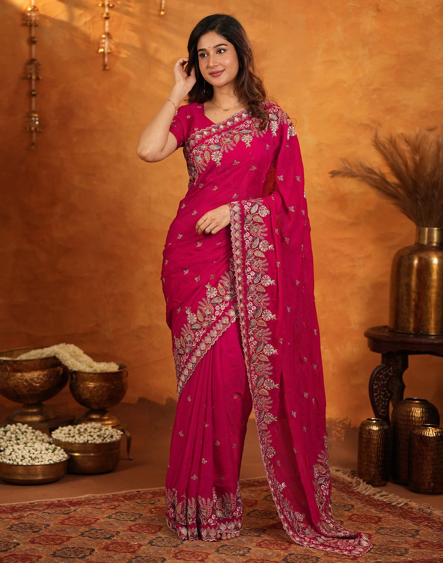 Red Tissue Silk Stone Work Embroidery Saree