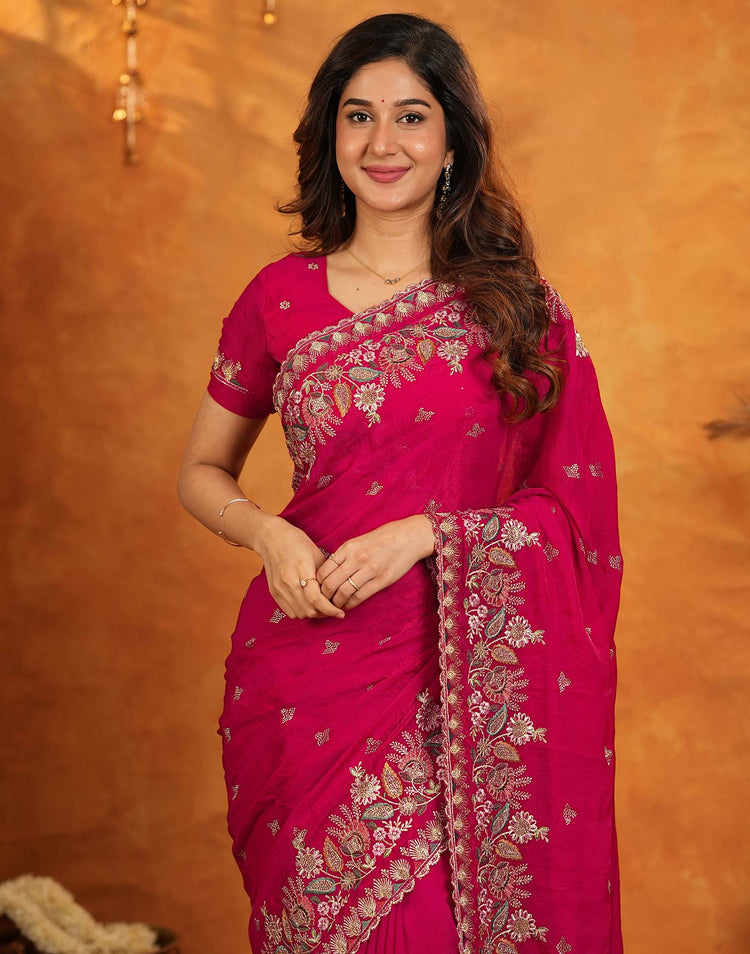 Red Tissue Silk Stone Work Embroidery Saree