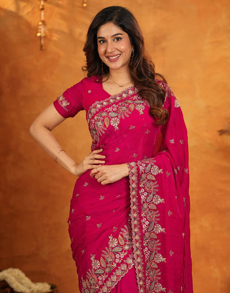 Red Tissue Silk Stone Work Embroidery Saree