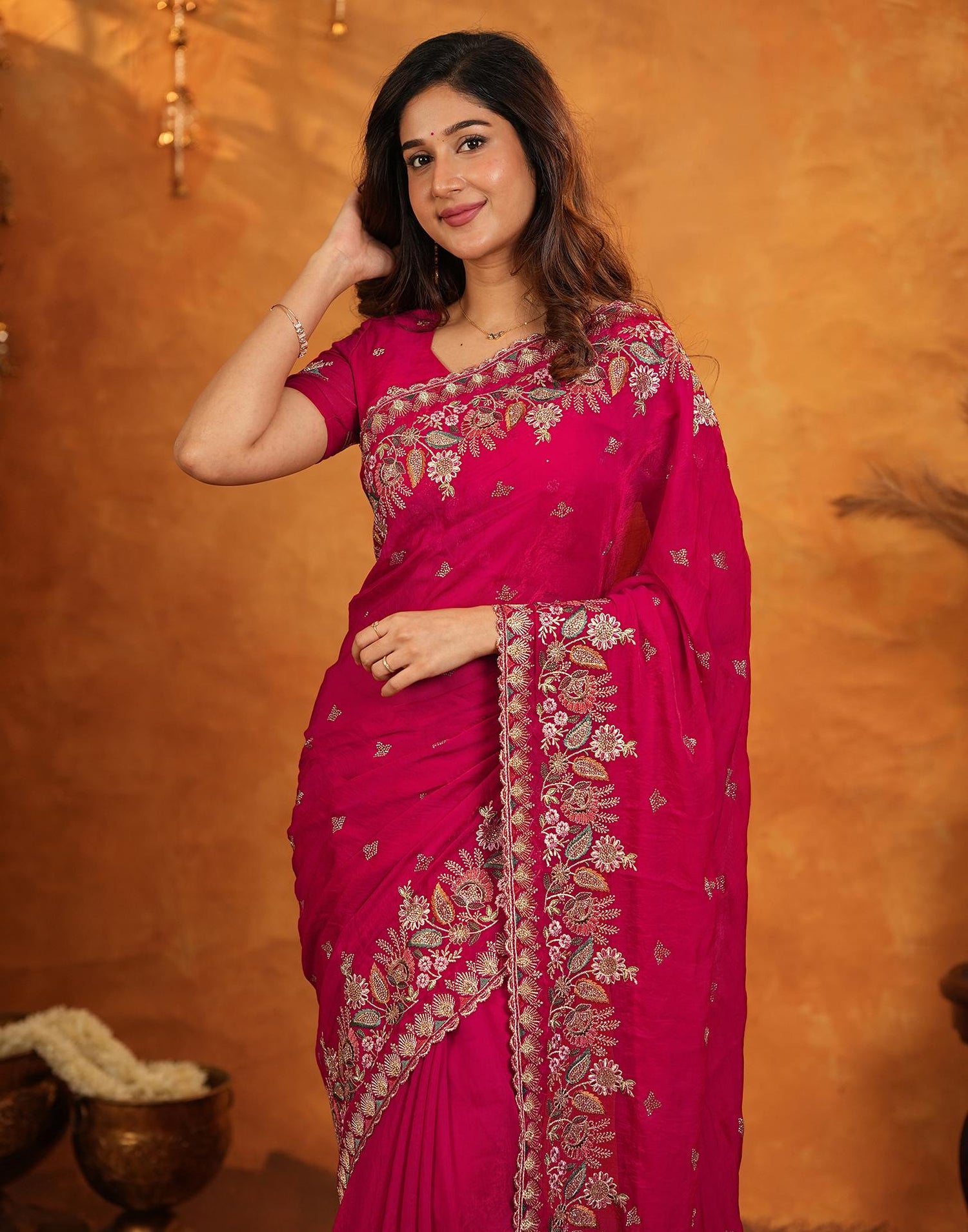 Red Tissue Silk Stone Work Embroidery Saree