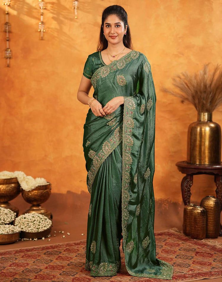 Green Vichitra Silk Stone Work Embroidery Saree