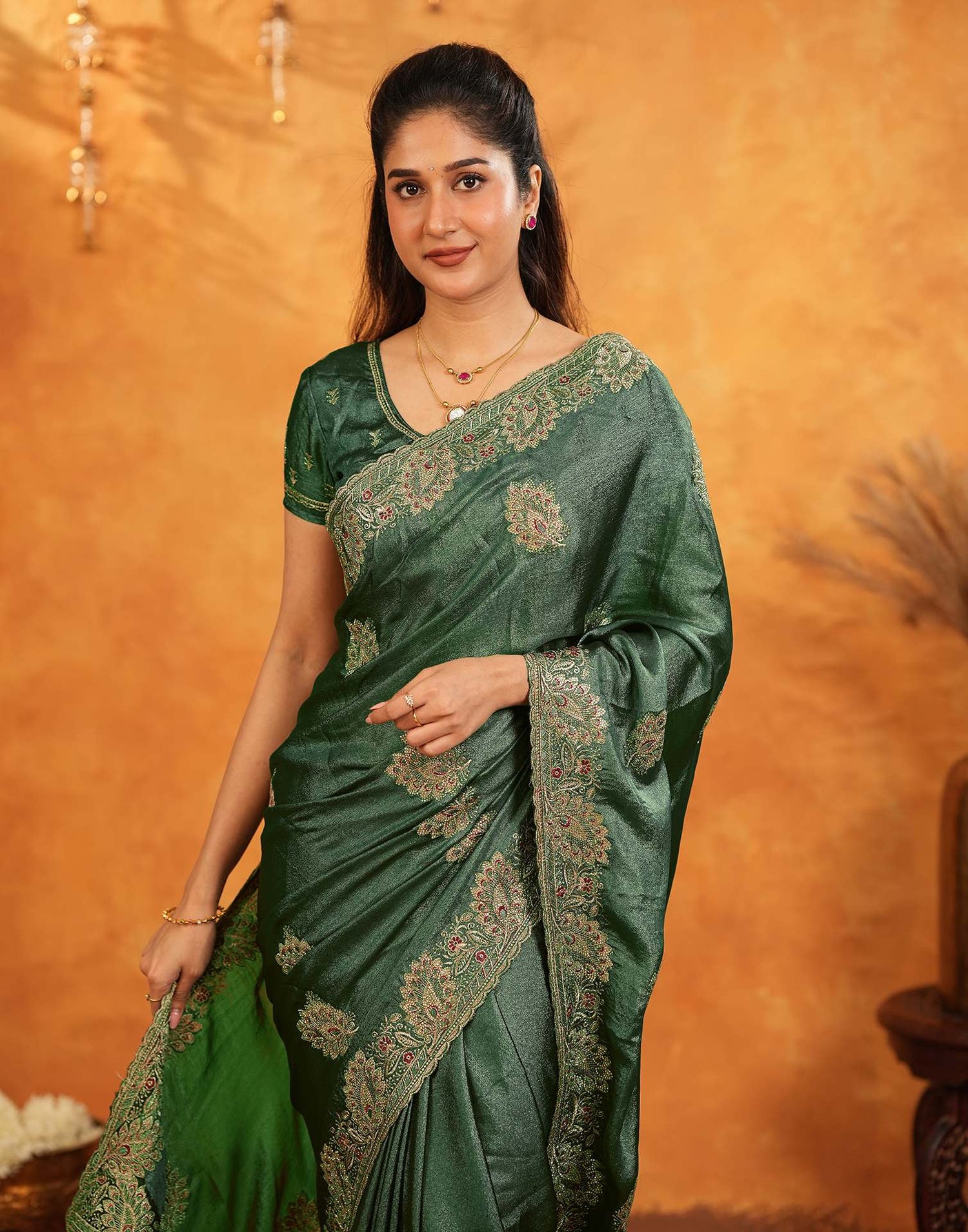 Green Vichitra Silk Stone Work Embroidery Saree