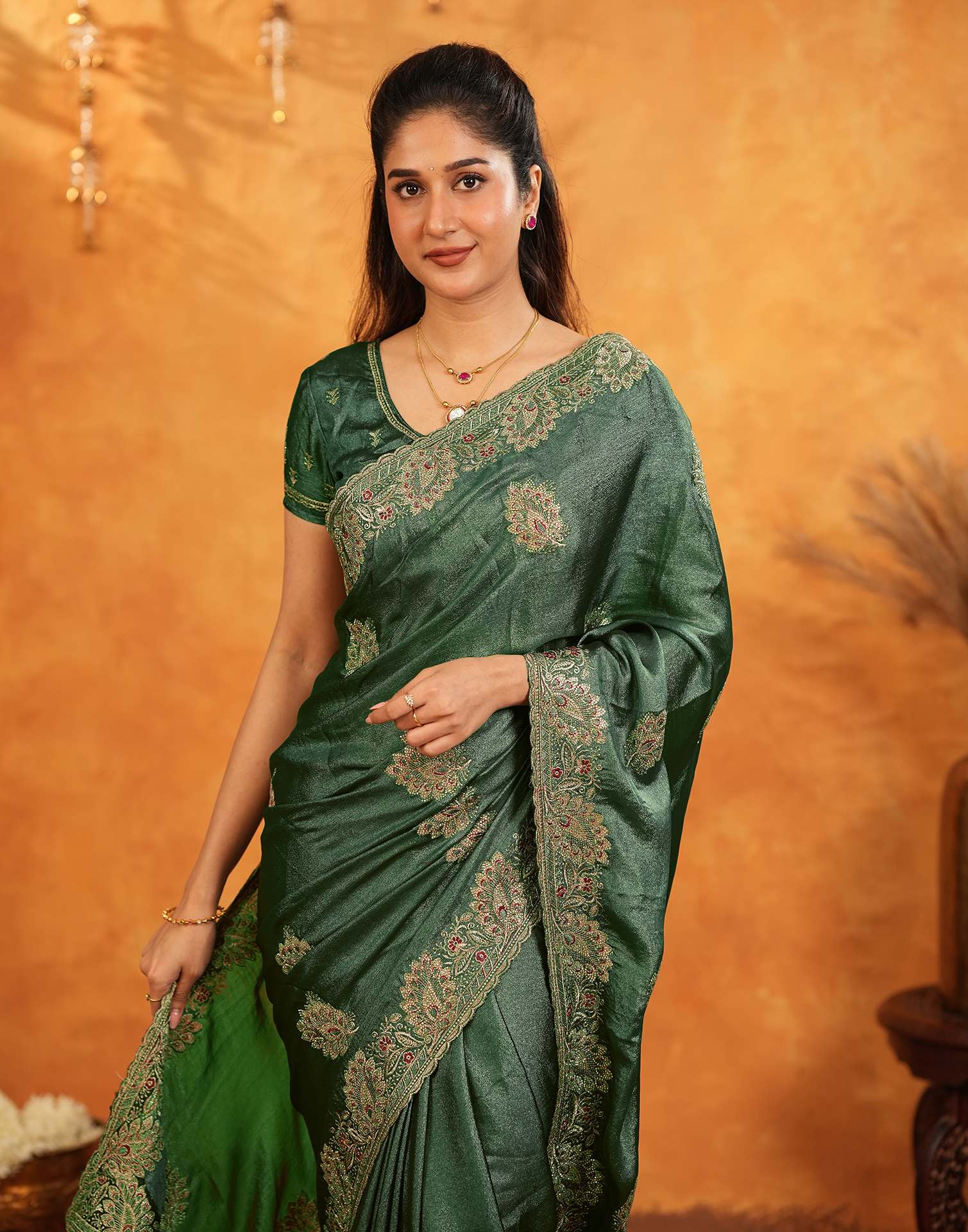 Green Vichitra Silk Stone Work Embroidery Saree