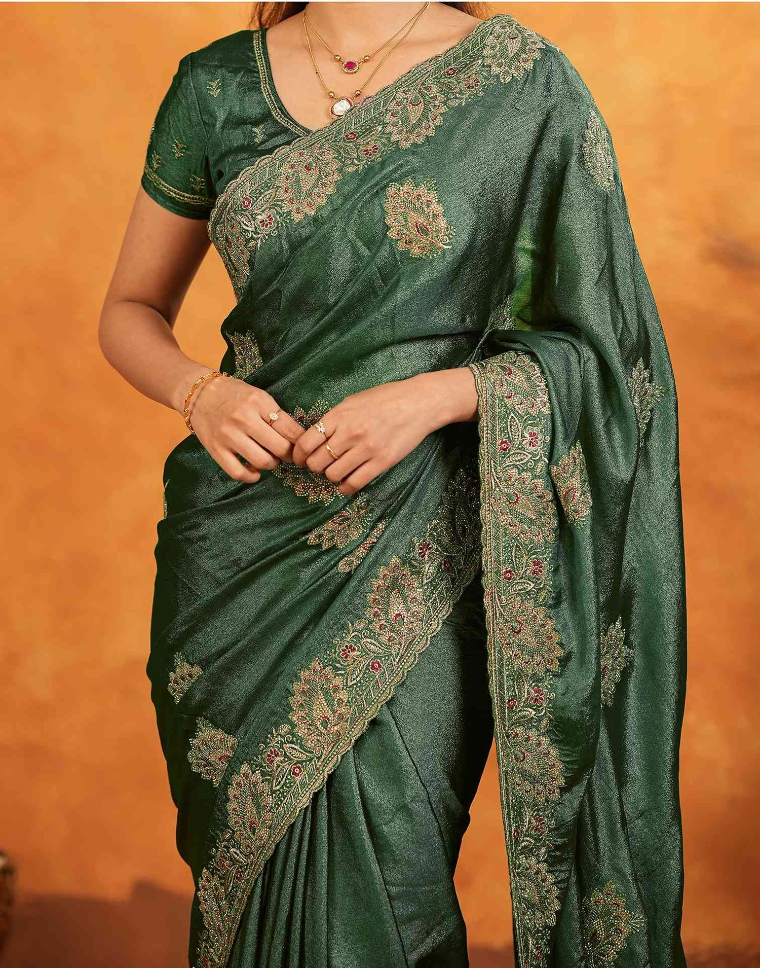 Green Vichitra Silk Stone Work Embroidery Saree