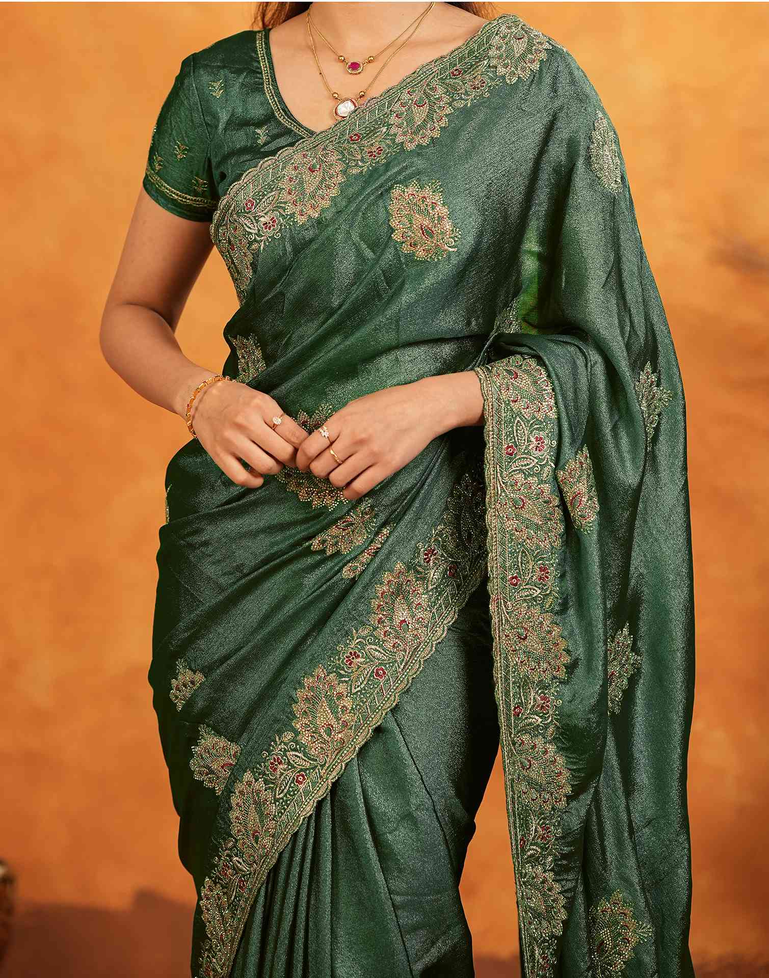 Green Vichitra Silk Stone Work Embroidery Saree