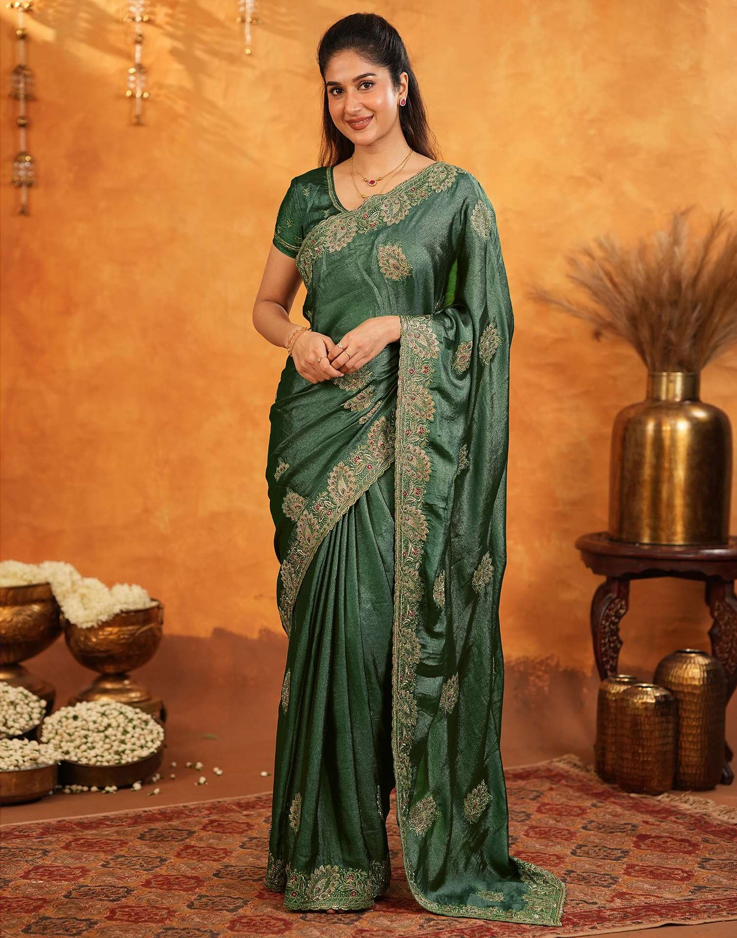 Green Vichitra Silk Stone Work Embroidery Saree