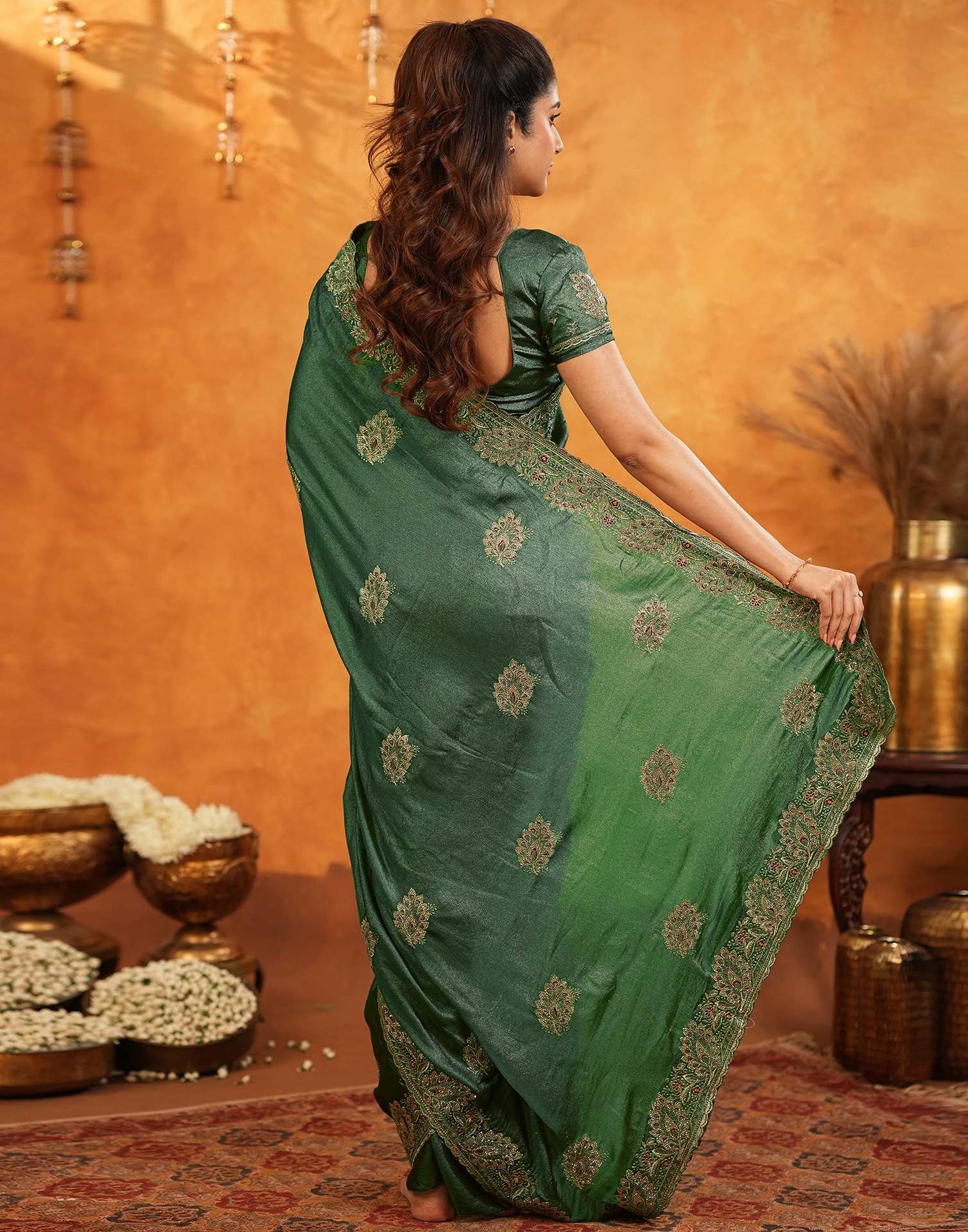 Green Vichitra Silk Stone Work Embroidery Saree