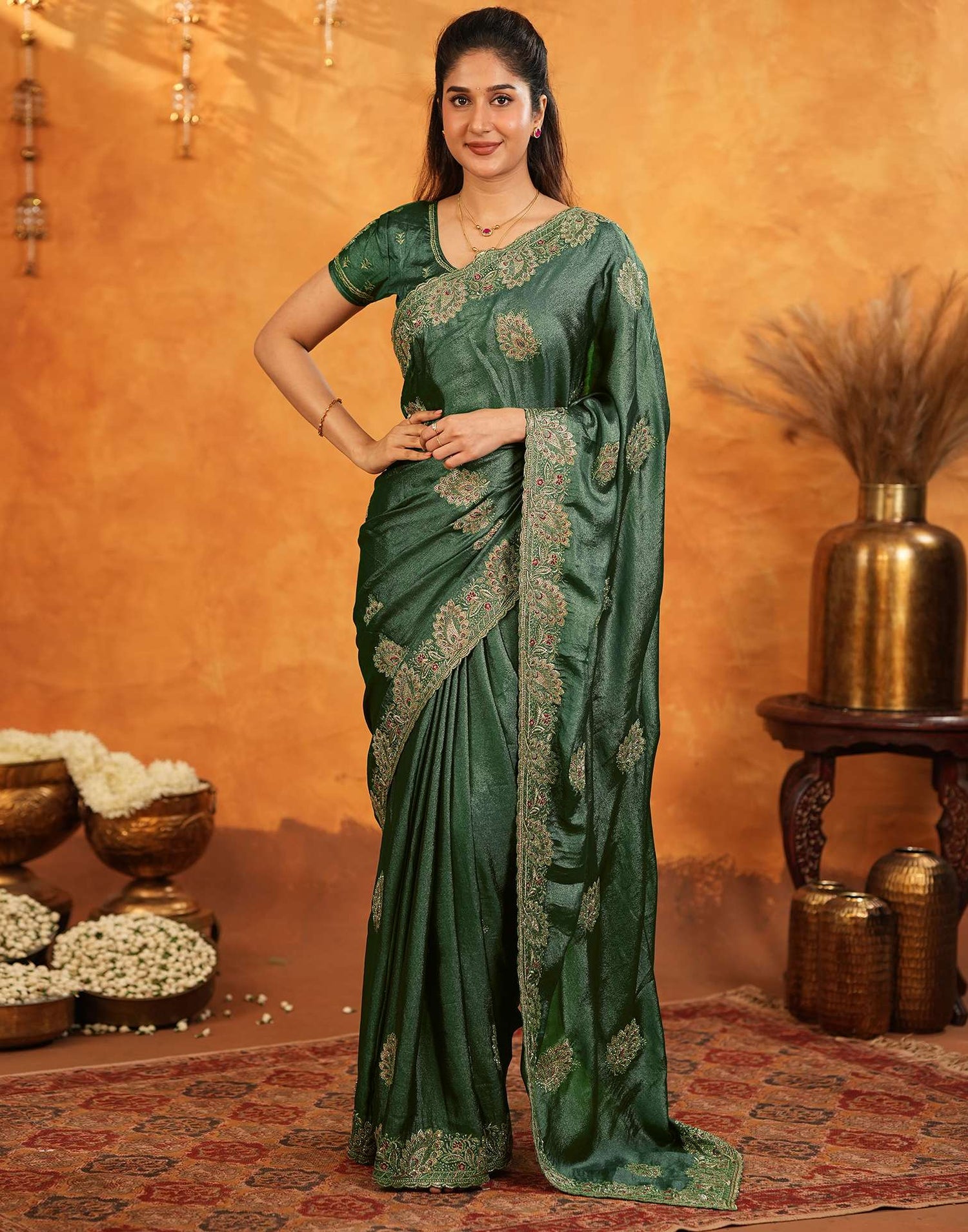 Green Vichitra Silk Stone Work Embroidery Saree