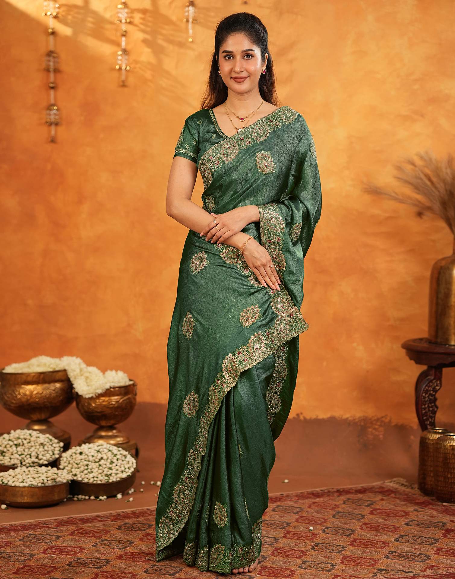 Green Vichitra Silk Stone Work Embroidery Saree