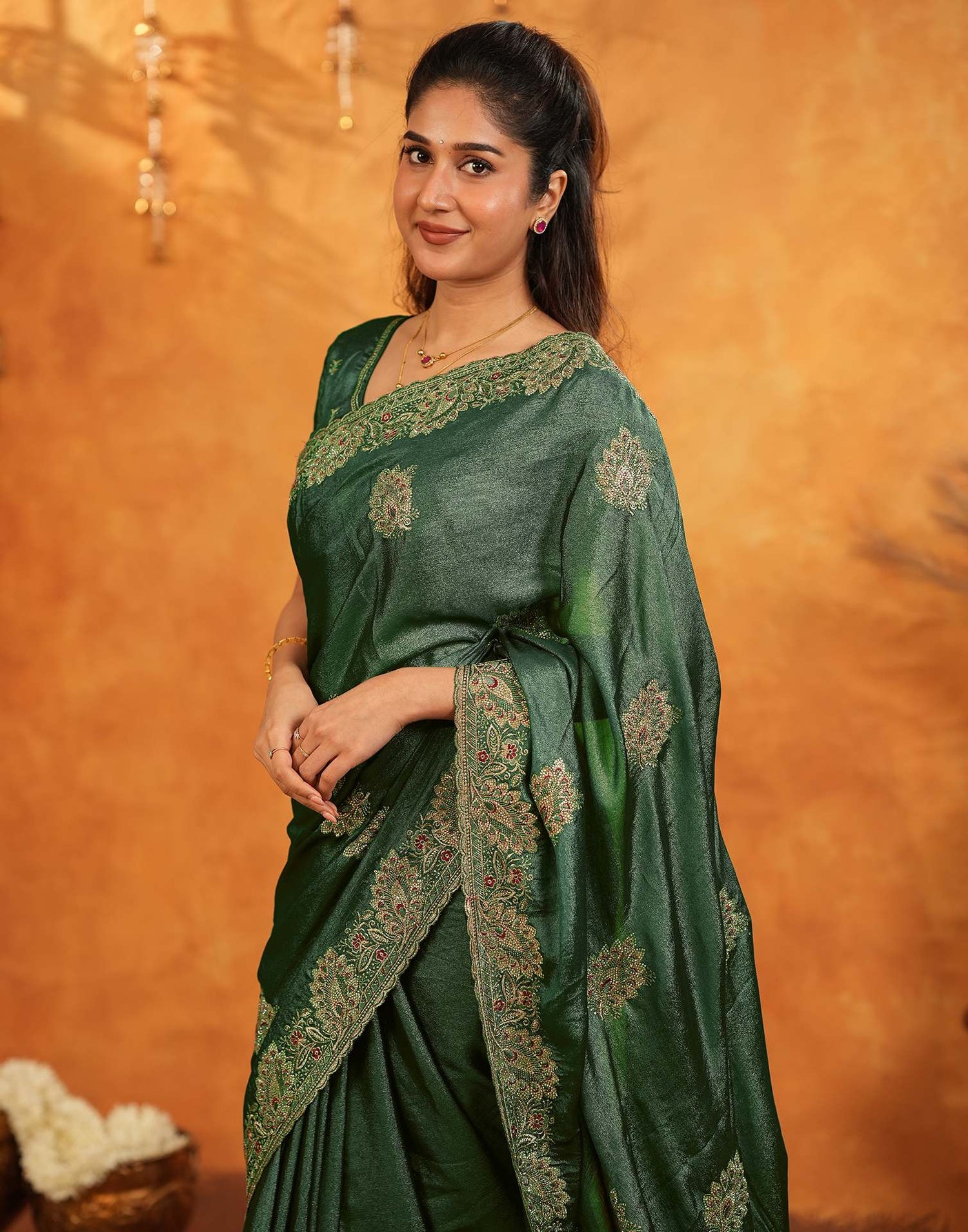 Green Vichitra Silk Stone Work Embroidery Saree