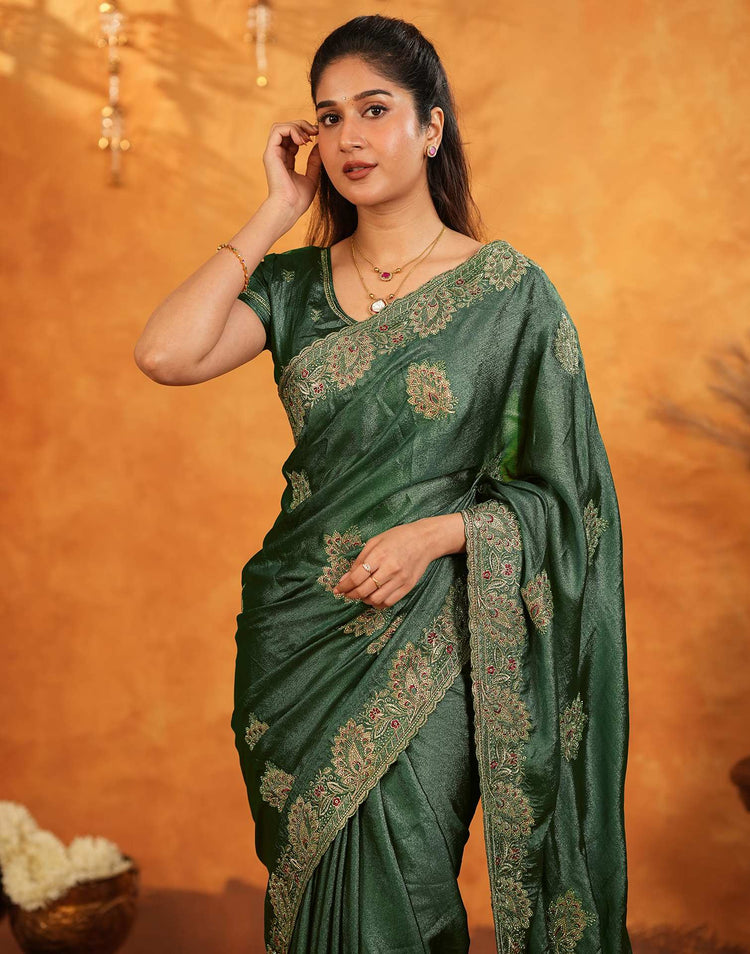 Green Vichitra Silk Stone Work Embroidery Saree